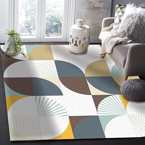 Miniatura 6 de Alfombra moderna de mediados de siglo para dormitorio, sala de estar, color caqui, marrón y gris, bloque de color geométrico, alfombra