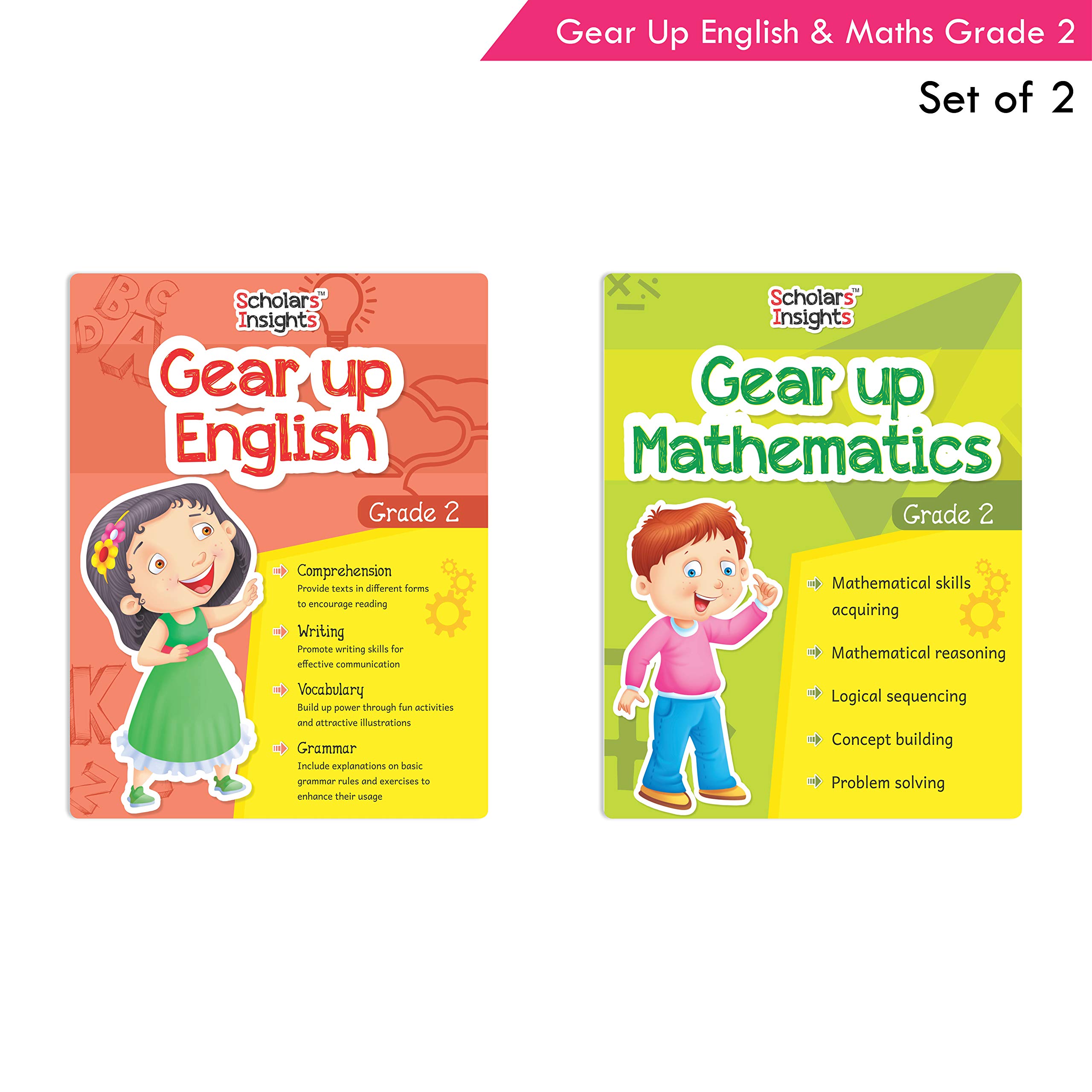 Scholars Insights Gear Up English & Maths Workbook Grade 2 (Set of 2) | Comprehension, Vocabulary and Grammar (Nouns, Pronouns, Adjectives etc.) | Numbers, Addition, Subtraction etc.| Age 7-8 years