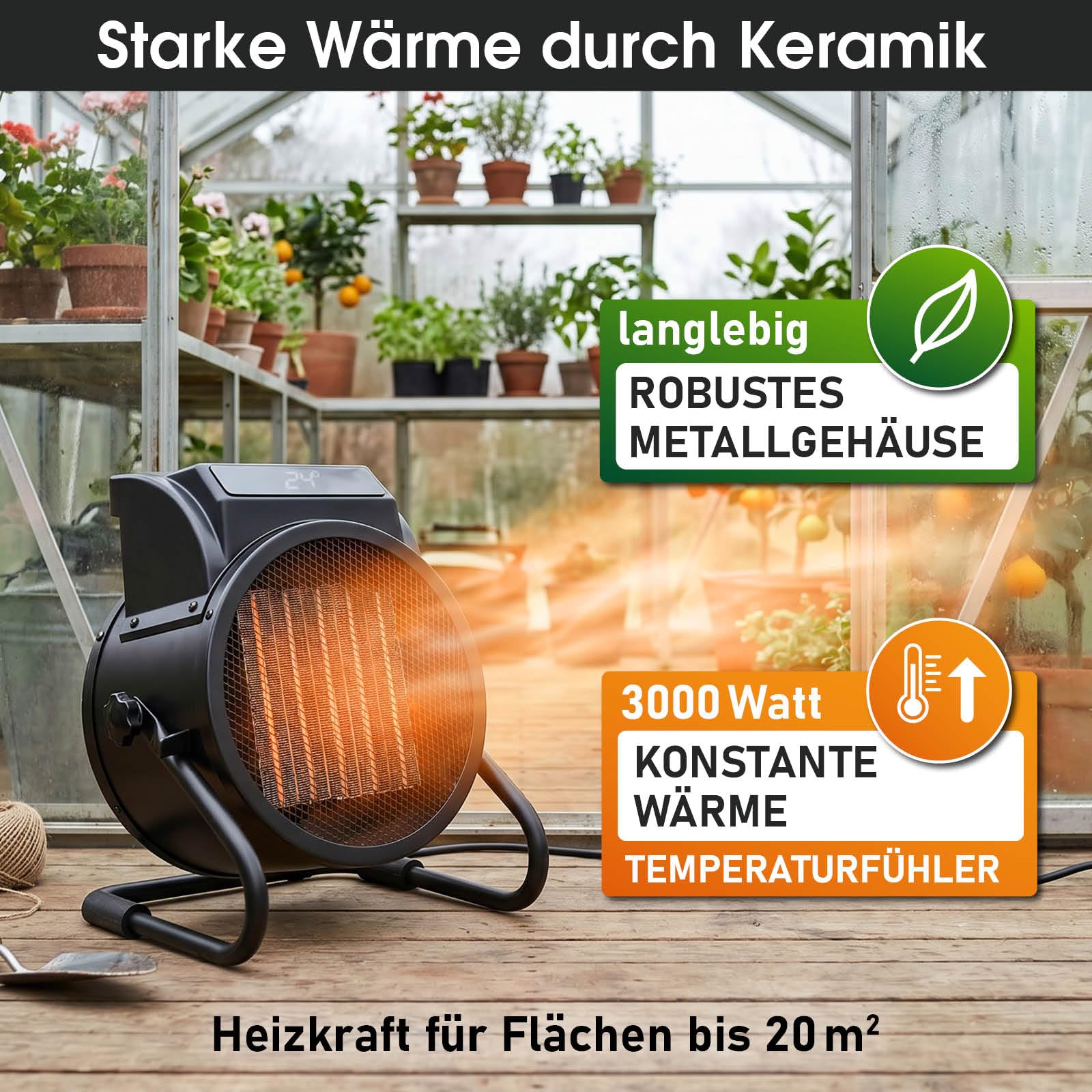 BRAST Keramik Heizlüfter 3000W | mit Temperaturfühler | LED-Bedienfeld