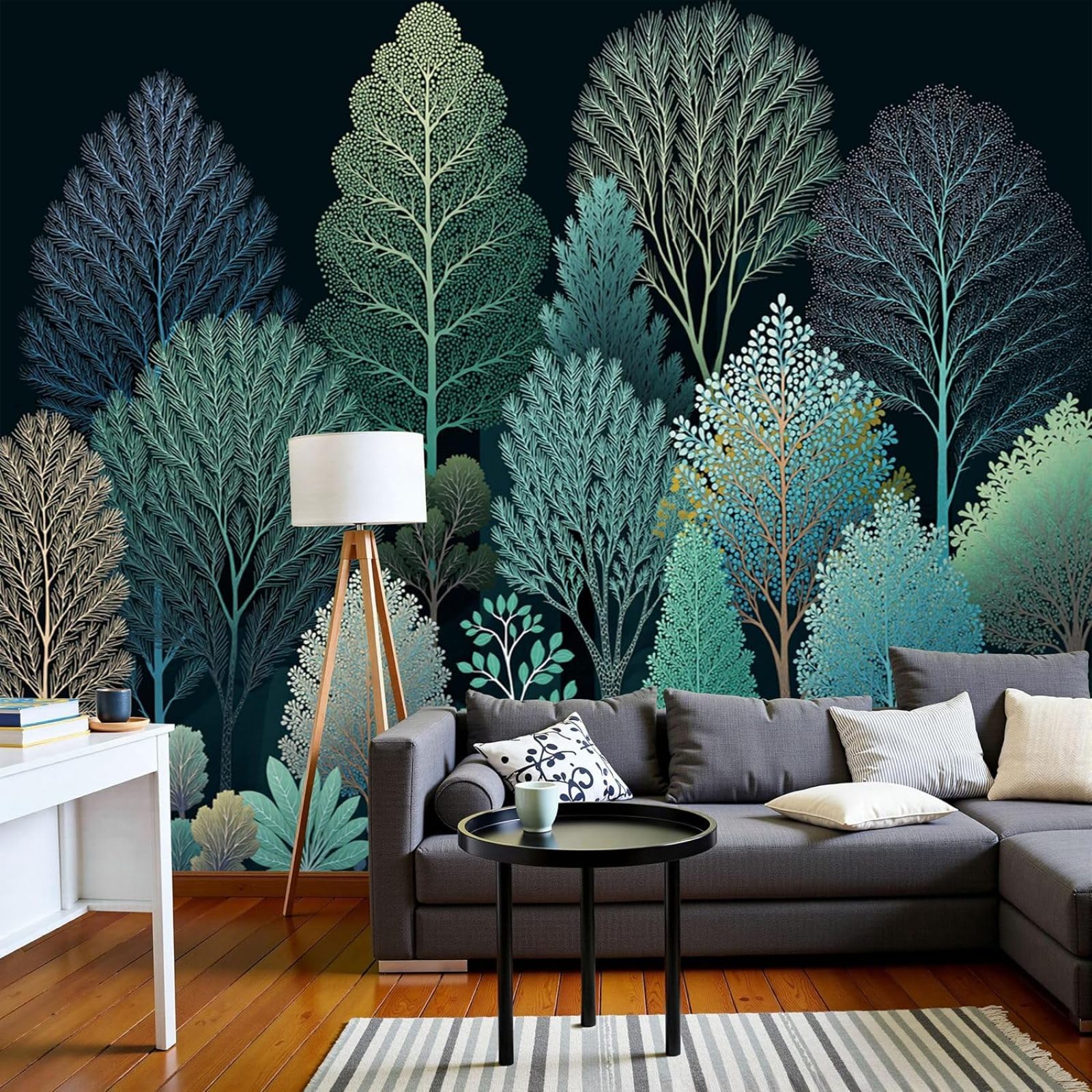 Photo wallpaper Dense Forest Trees Outlines Illustrations Non-woven wallpaper Modern Wall Living Room Bedroom Blue XXL Wall Decor Motif wallpaper, 430cm x 300cm Stickers - Frameless Painting - Poster