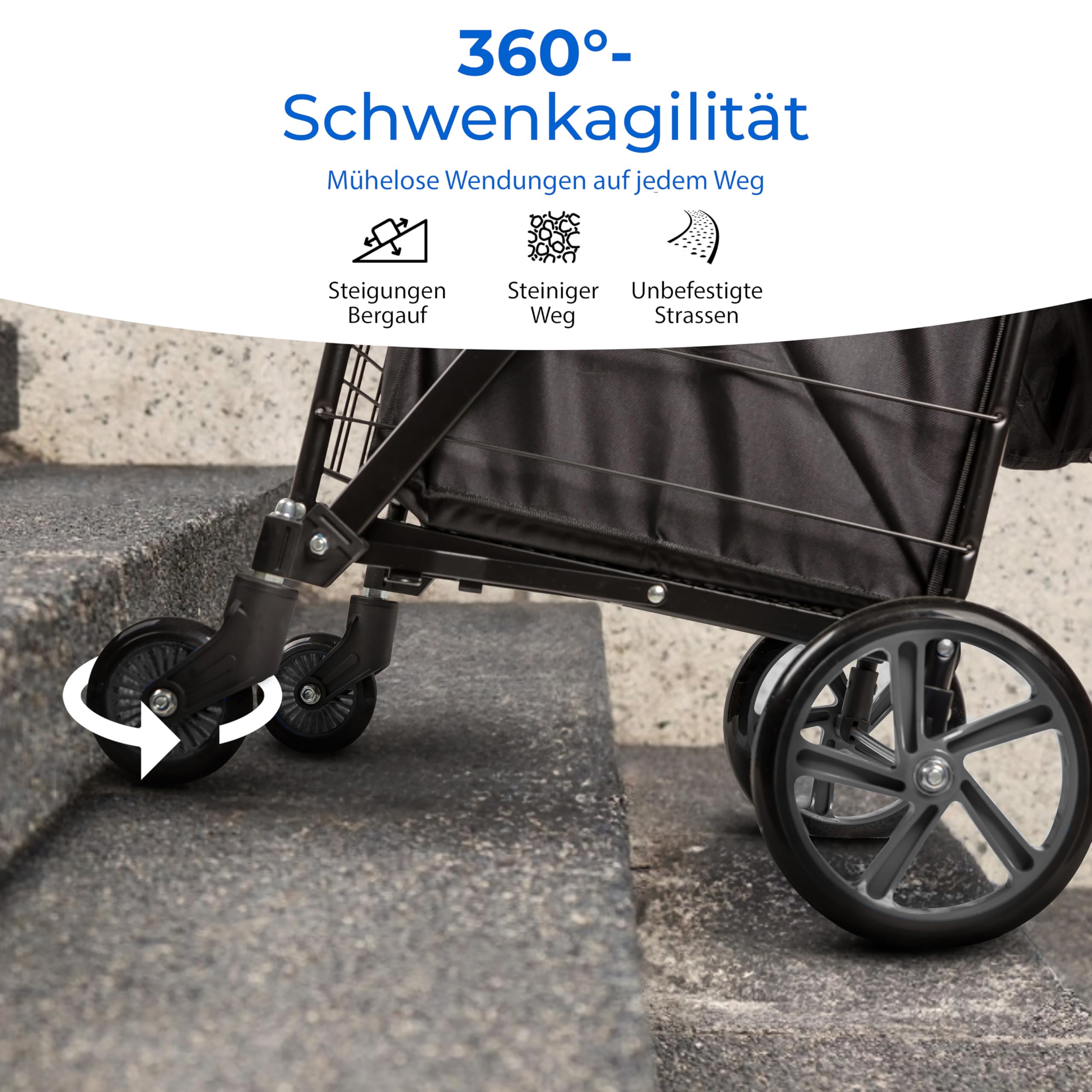Serenelife Einkaufstrolley Klappbar, Einkaufswagen mit 50L Kapazität, Shopping Trolley bis 31.8kg Belastbar, Hackenporsche -Metall mit 360° Schwenkbare Räder, Tasche abnehmbar, Treppensteiger, Schwarz