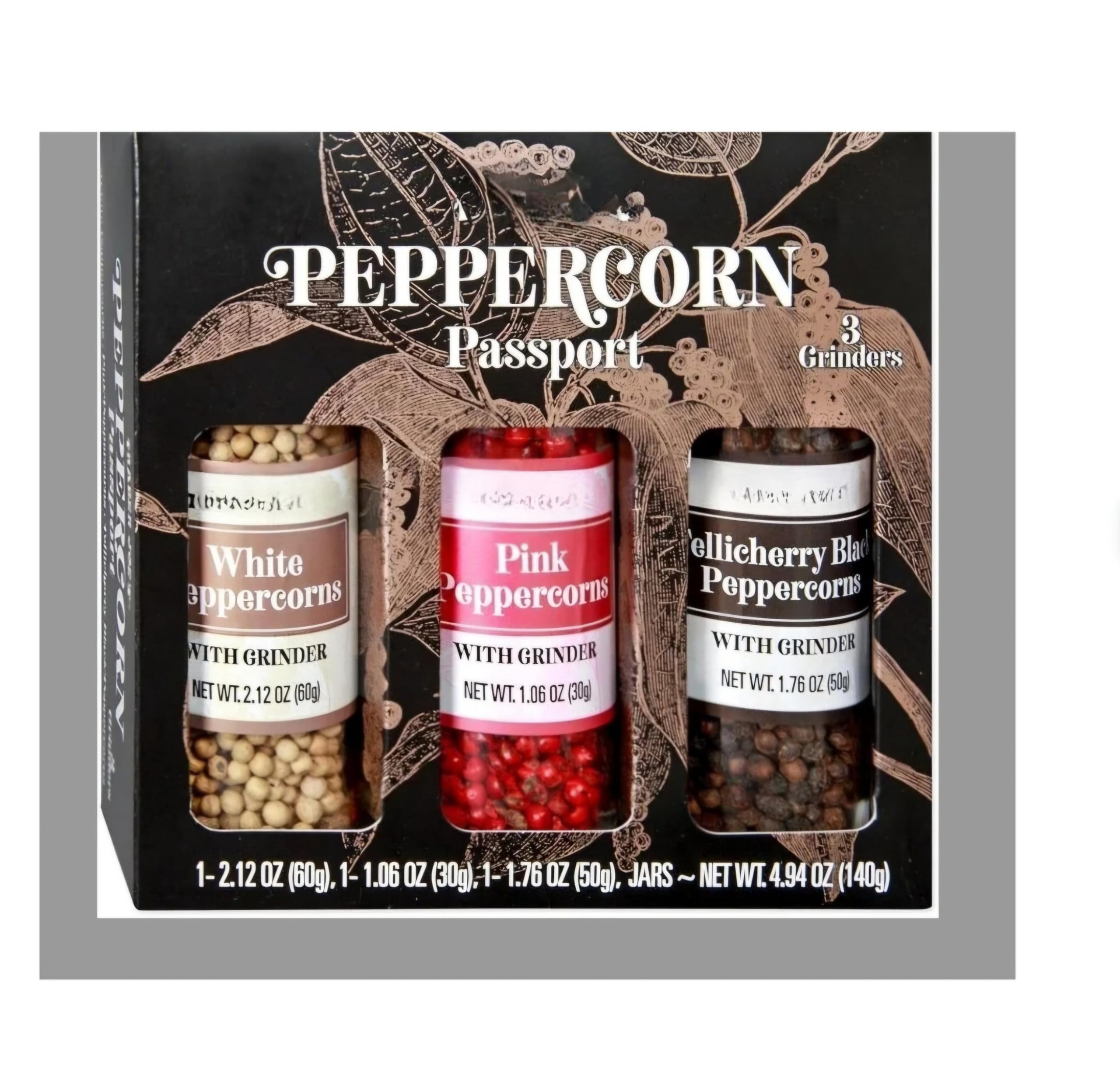 Peppercorn Passport 3 Grinders White Peppercorn Pink Peppercorns Tellicherry Black Peppercorns 4.94 oz