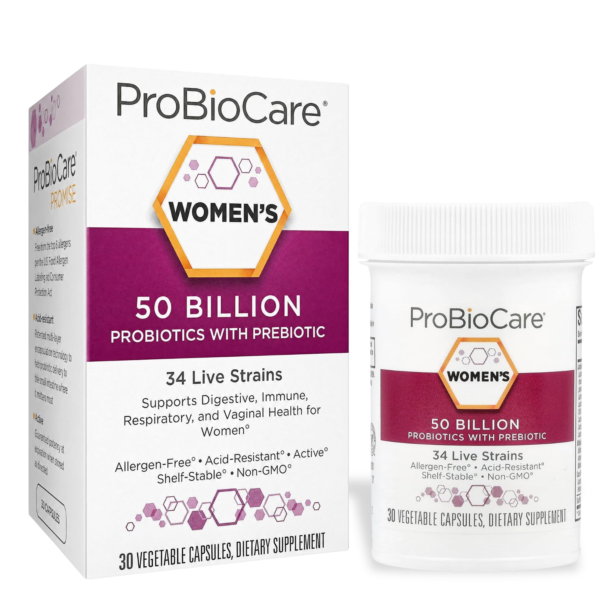 ProBioCare Suplemento probiótico para mulheres com 50 bilhões de UFC, 34 cepas e fibra prebiótica, 30 cápsulas