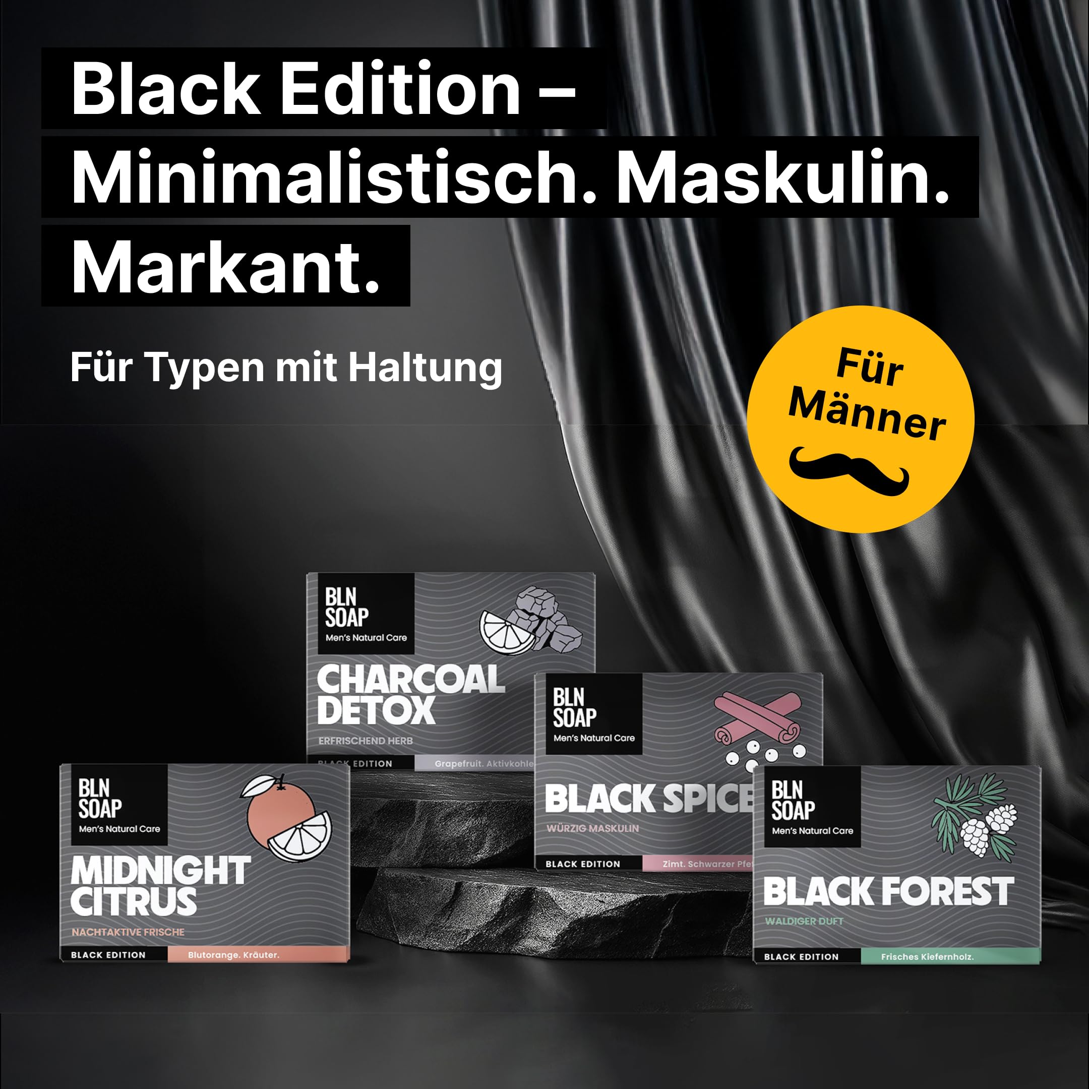 Männerseifen-Set Black Edition: Natürliche feste Seifen für Männer, Geschenkset Herren, 3-in-1 Duschseife für Hand, Körper und Haare, Shampoo Mann, Festes Duschgel Vegan, 4 x 135 g, BLN SOAP