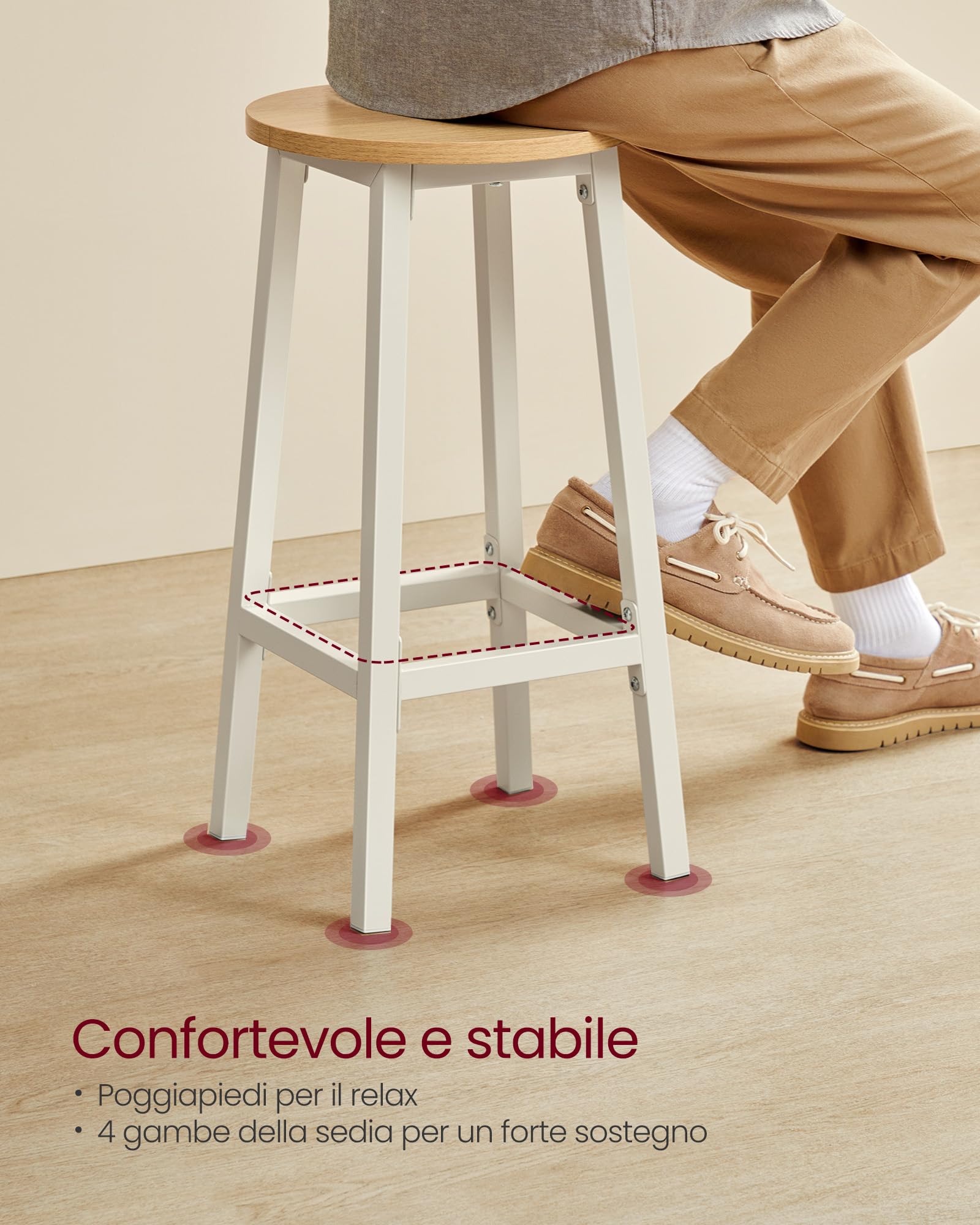 VASAGLE Set di 2 Sgabelli da Bar, Sedie da Cucina, Struttura in Metallo, Montaggio Facile, Alto 65 cm, con Poggiapiedi, per Cucina, Soggiorno, Sala da Pranzo, Beige Rovere e Bianco LBC032W09