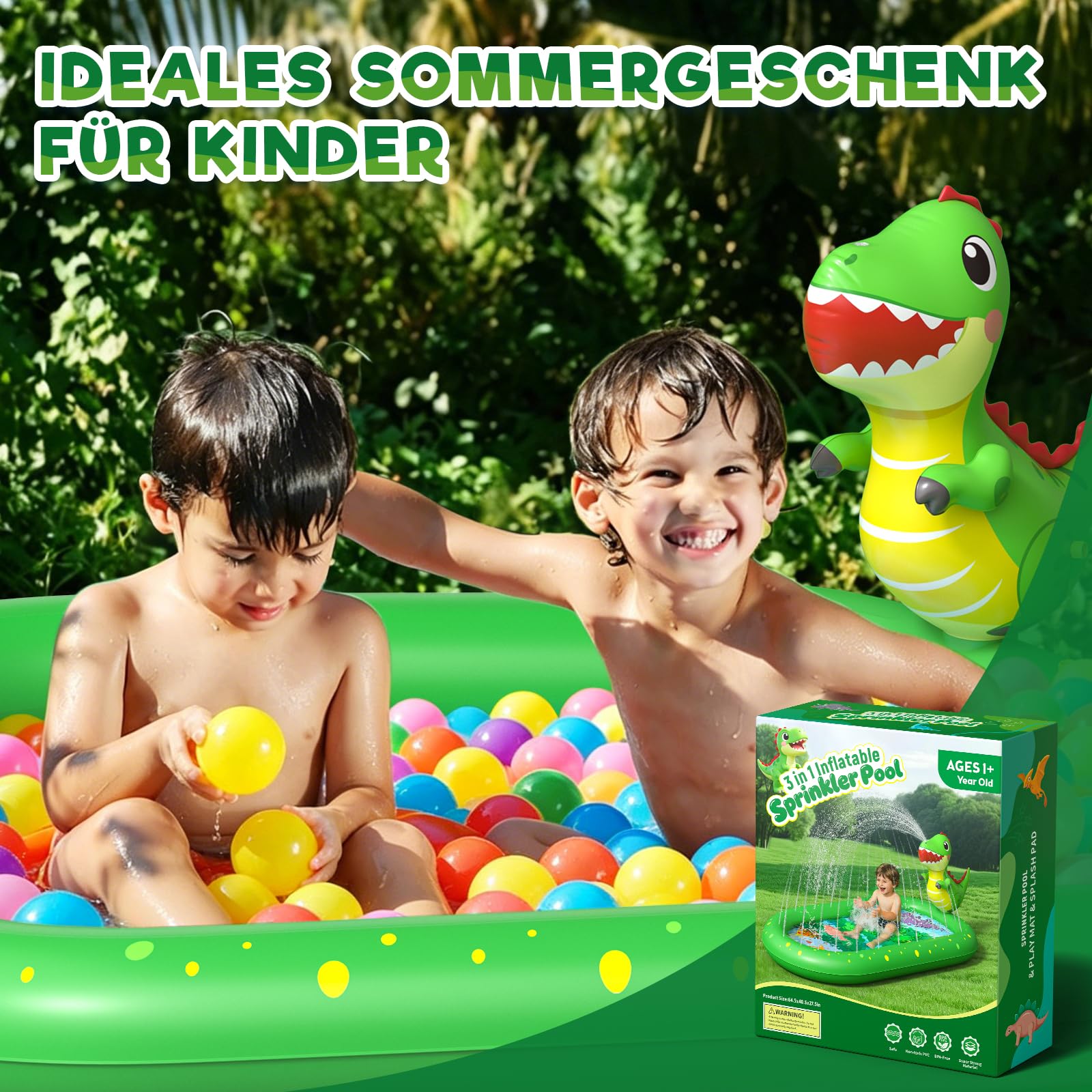 Planschbecken für Kinder, Aufblasbare Wassermatte für Kinder, Aufblasbares 3 in 1 Pool mit Dinosaurier Motiv, Wasserspielzeug für Sommer Garten Kinderpool, Geeignet für Jungen und Mädchen ab 1 Jahr