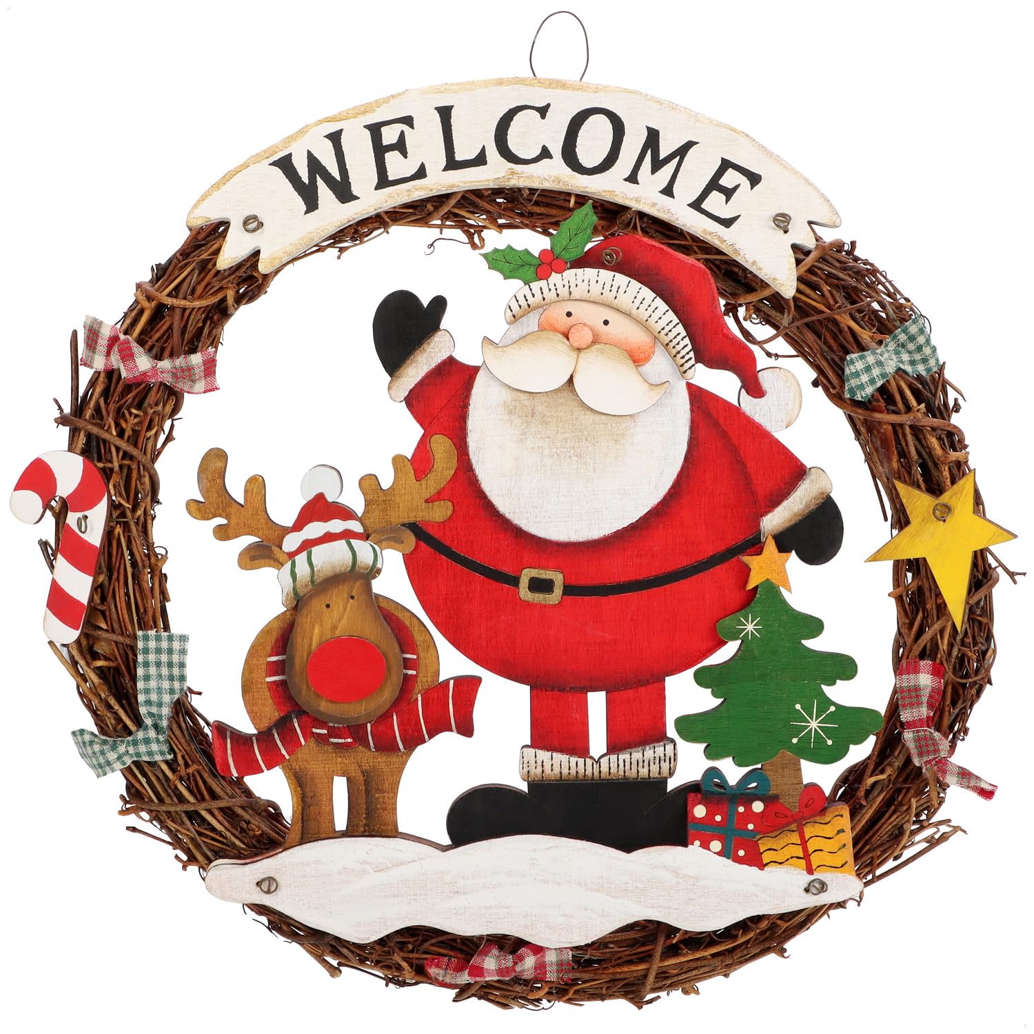COM-FOUR® Christmas wreath braided - door wreath "WELCOME" for Christmas - Christmas decoration to hang - wooden wreath approx. Ø 30 cm (Santa Claus - L)