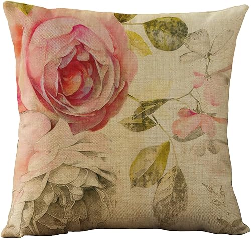 Miniatura 4 de WOMHOPE Juego de 4 fundas de almohada vintage de flores, fundas de cojín de arpillera de 18 x 18 pulgadas para sala de estar, sofá y cama (juego de