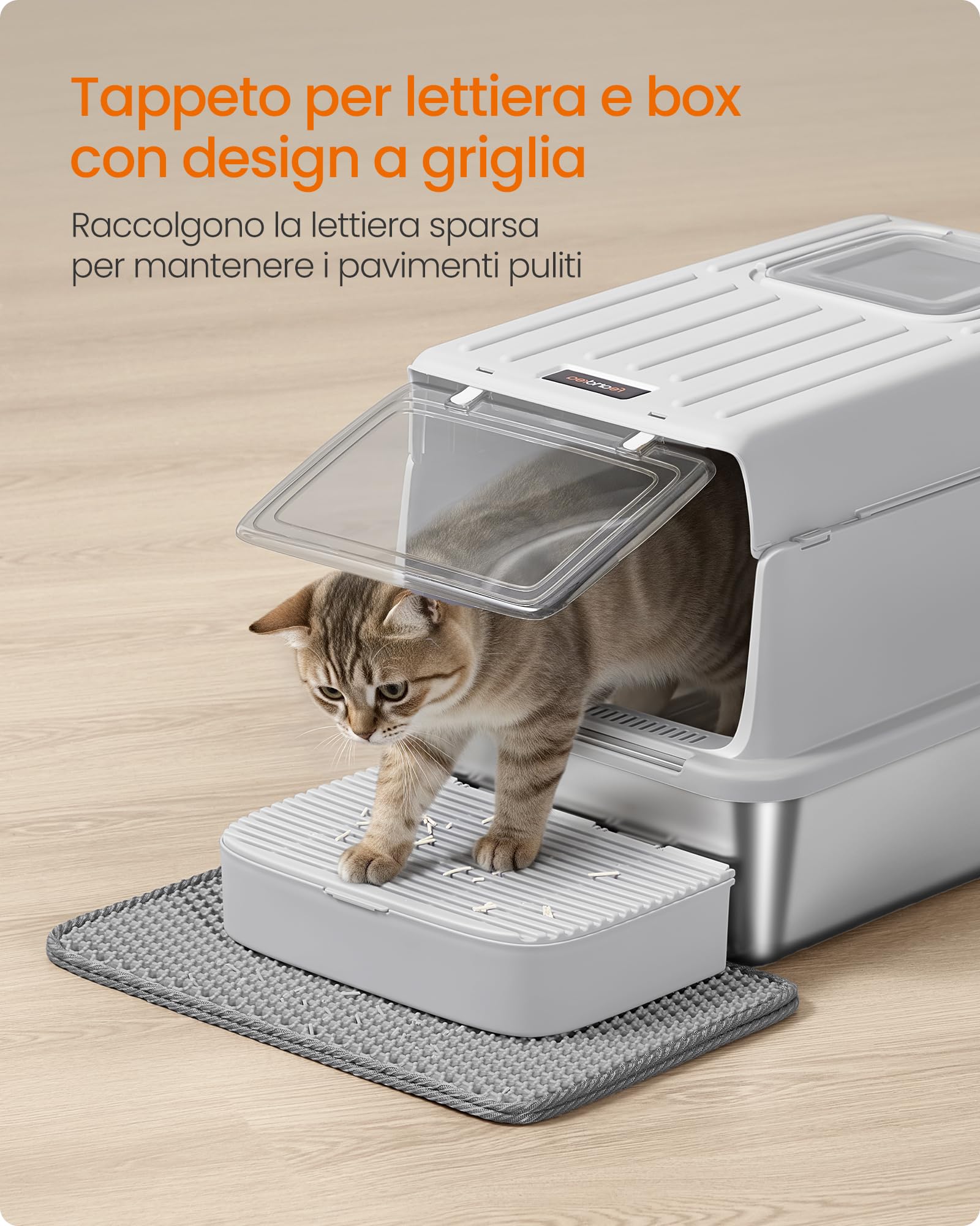 Feandrea Lettiera per Gatti in Acciaio Inox, Toilette per Gatti fino a 15 kg con Coperchio, con Paletta, Tappetino per Lettiera e 2 Ingressi, Grigio Chiaro PPT007GD01