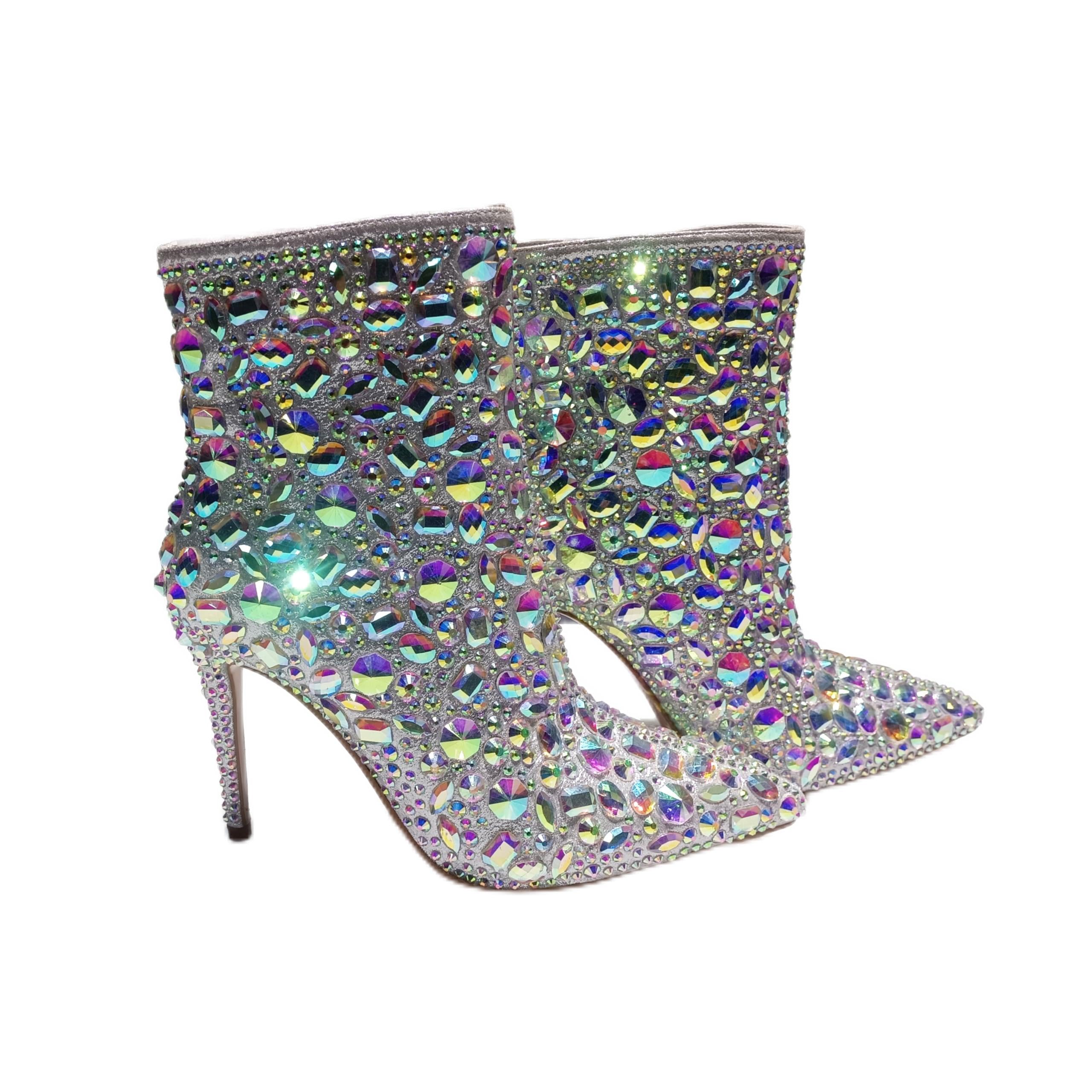 Womens Fashion Shiny Multicolor Rhinestone High Heel Ankle Boots - Sparkling Crystal Embellished Pointed Toe Stiletto Heel Glamorous