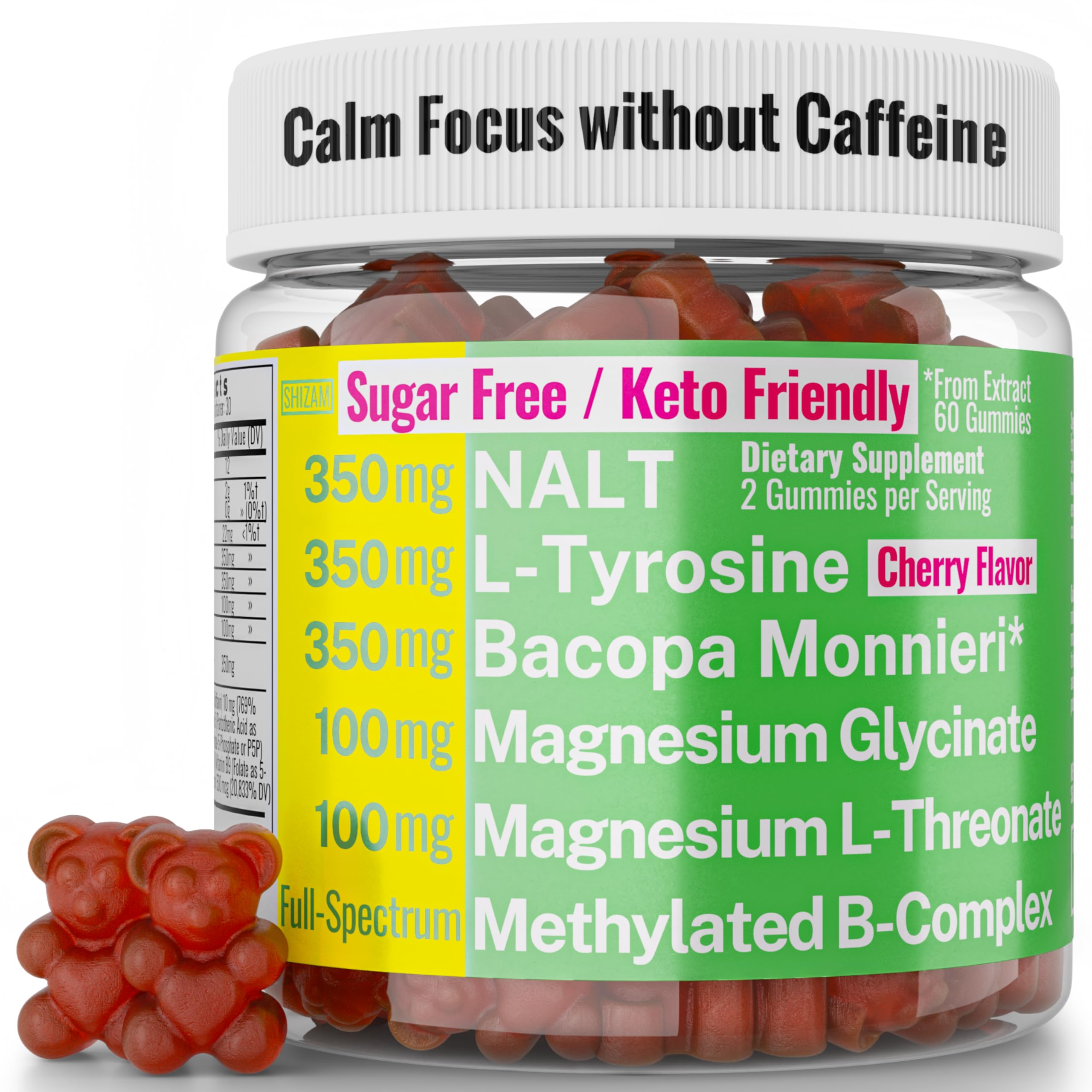 L-Tyrosine Bacopa Monnieri N-Acetyl-L-Tyrosine NALT Magnesium L-Threonate & Glycinate Methylated Vitamin B Complex Gummies, Caffeine Gum Supplement