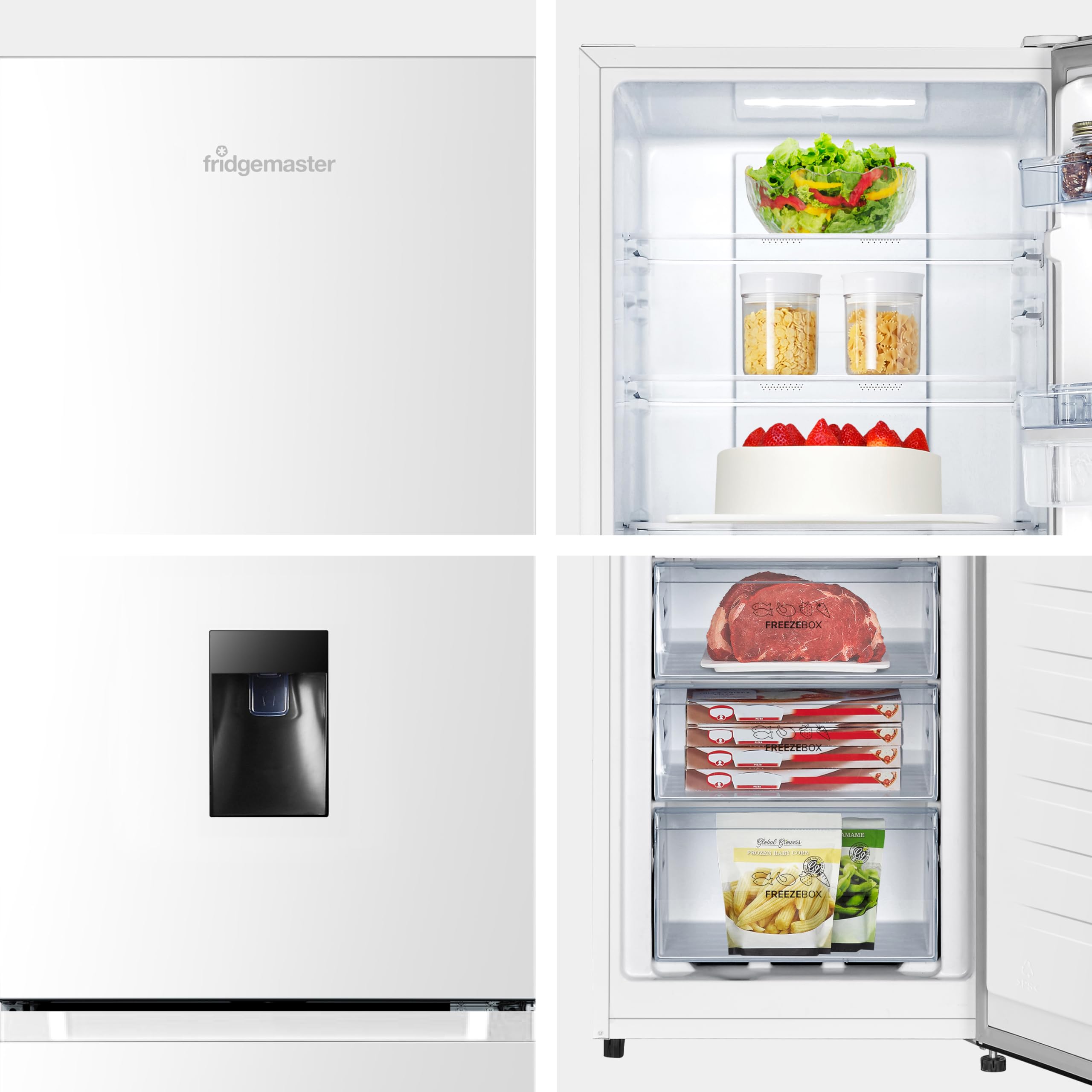 Fridgemaster MC55251DE 55cm Freestanding 256 litre 50/50 Fridge Freezer with Non-plumbed Water Dispenser - Frost Free - LED Lighting- 4 Star Freezer Rating -White - E Rated, H182.4 x W55 x D55.7 (cm) — view 4