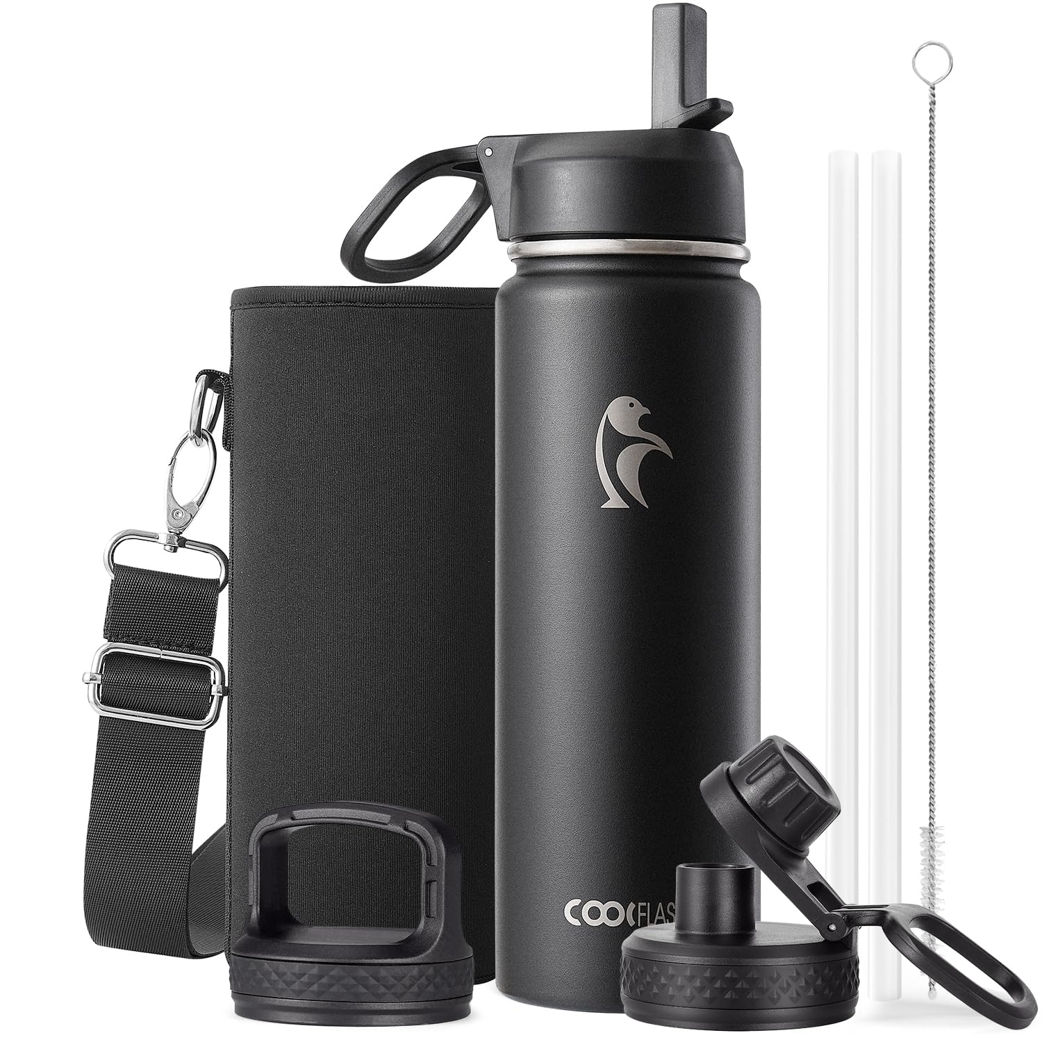 Coolflask Borraccia termica da 590 ml, con cannuccia, in acciaio inox, con 3 coperchi, imboccatura larga, per sport o ufficio, senza BPA, mantiene il freddo fino a 48 ore o caldo fino a 24 ore, colore