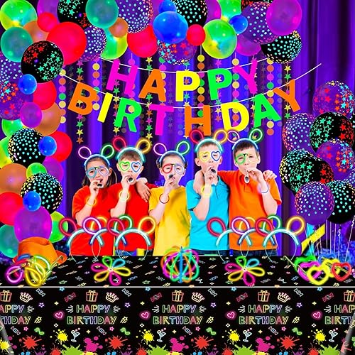 Miniatura 2 de Paquete de 173 suministros de fiesta de neón brillante, palillos brillantes, decoraciones de fiesta, juego de decoración reactiva con luz negra,