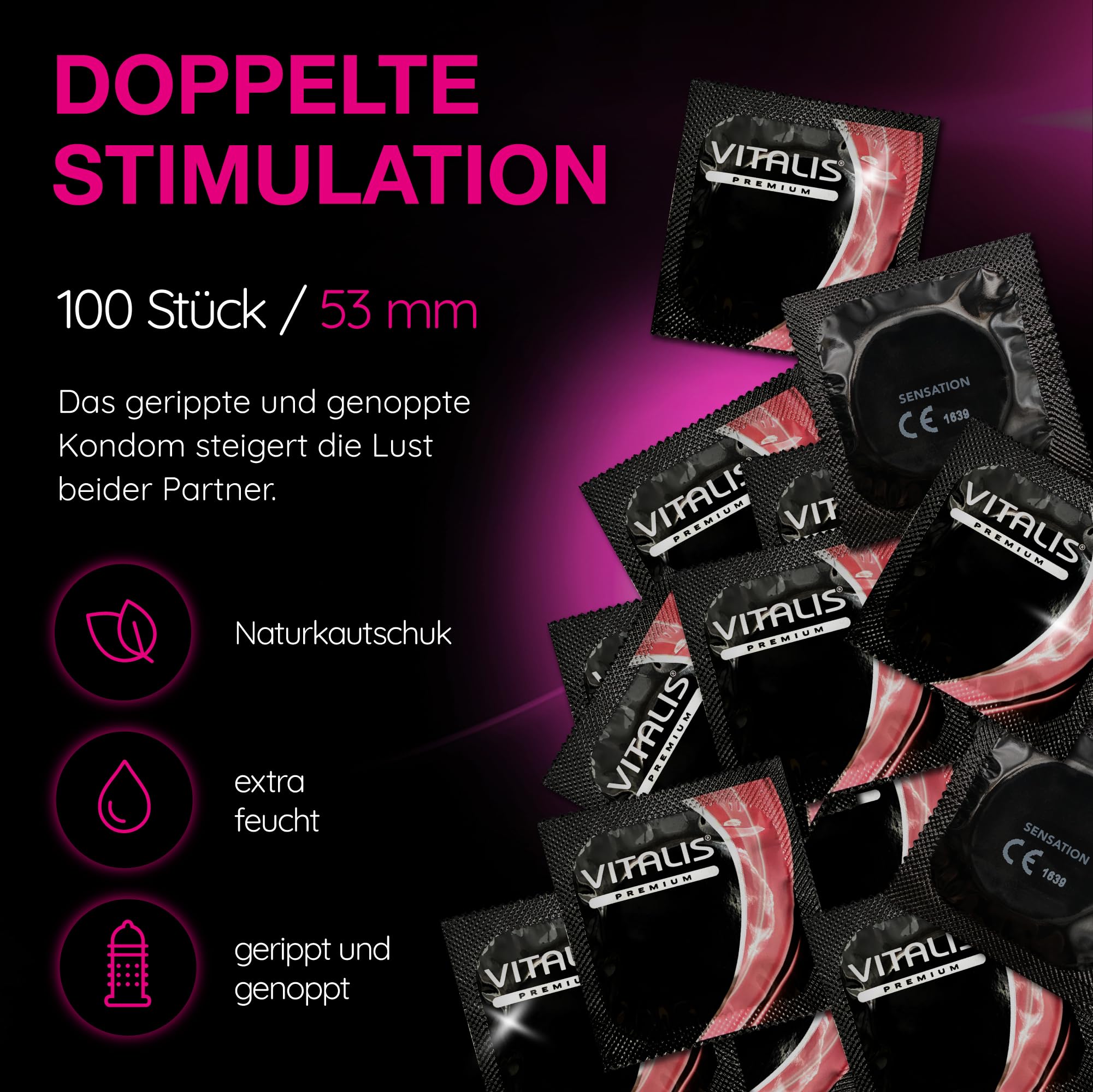 VITALIS 100 Kondome Pack Sensation mit Riefen & Noppen, Nennbreite 53 mm, 100 Premium genoppt mit Riefen