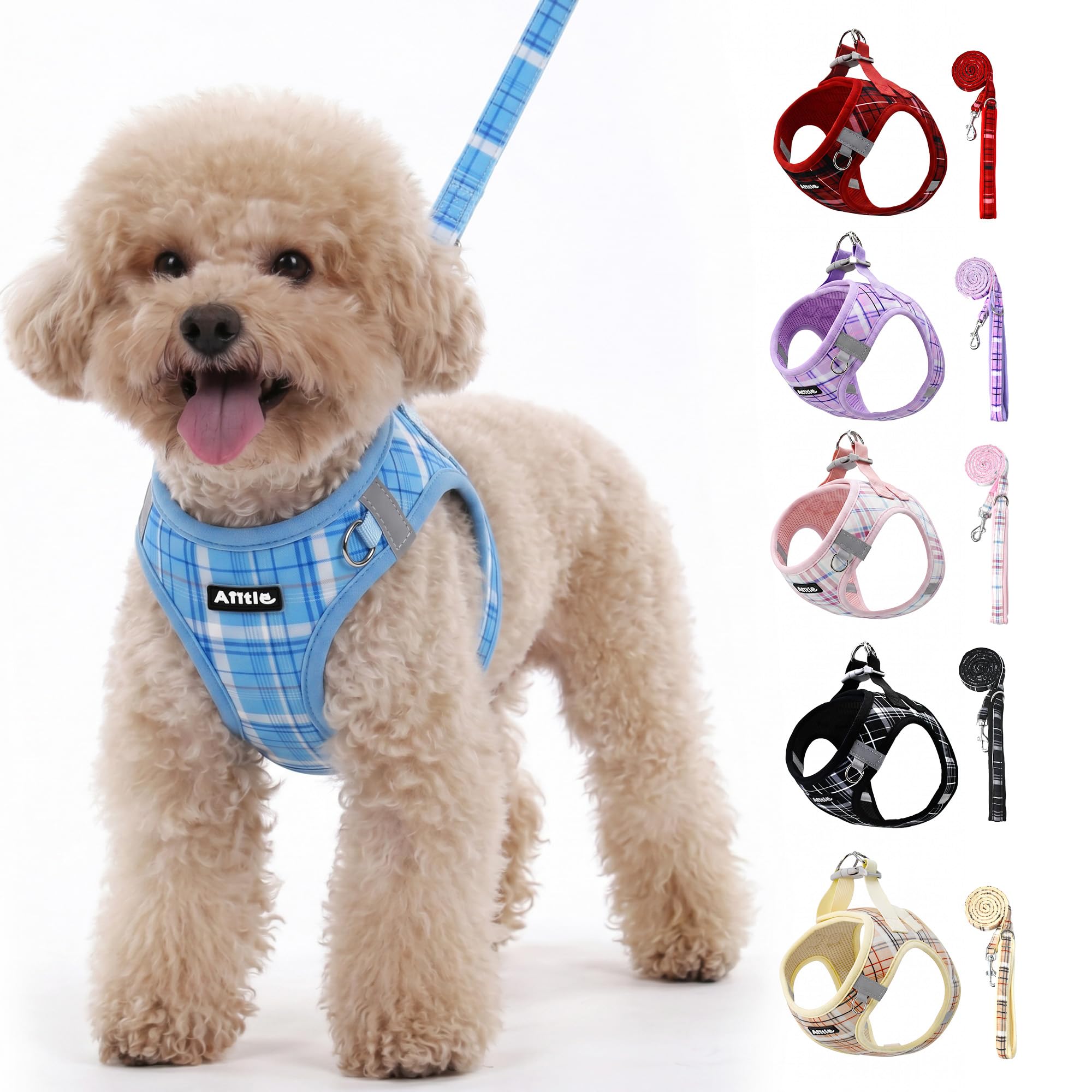 AIITLE No Pull Dog Harness and Leash Set, Step in Easy Fit Reflective Vest Harness for Small Medium Dogs, Adjustable Choke Free Plaid Harness for Walking, Jogging, Training, Blue M
