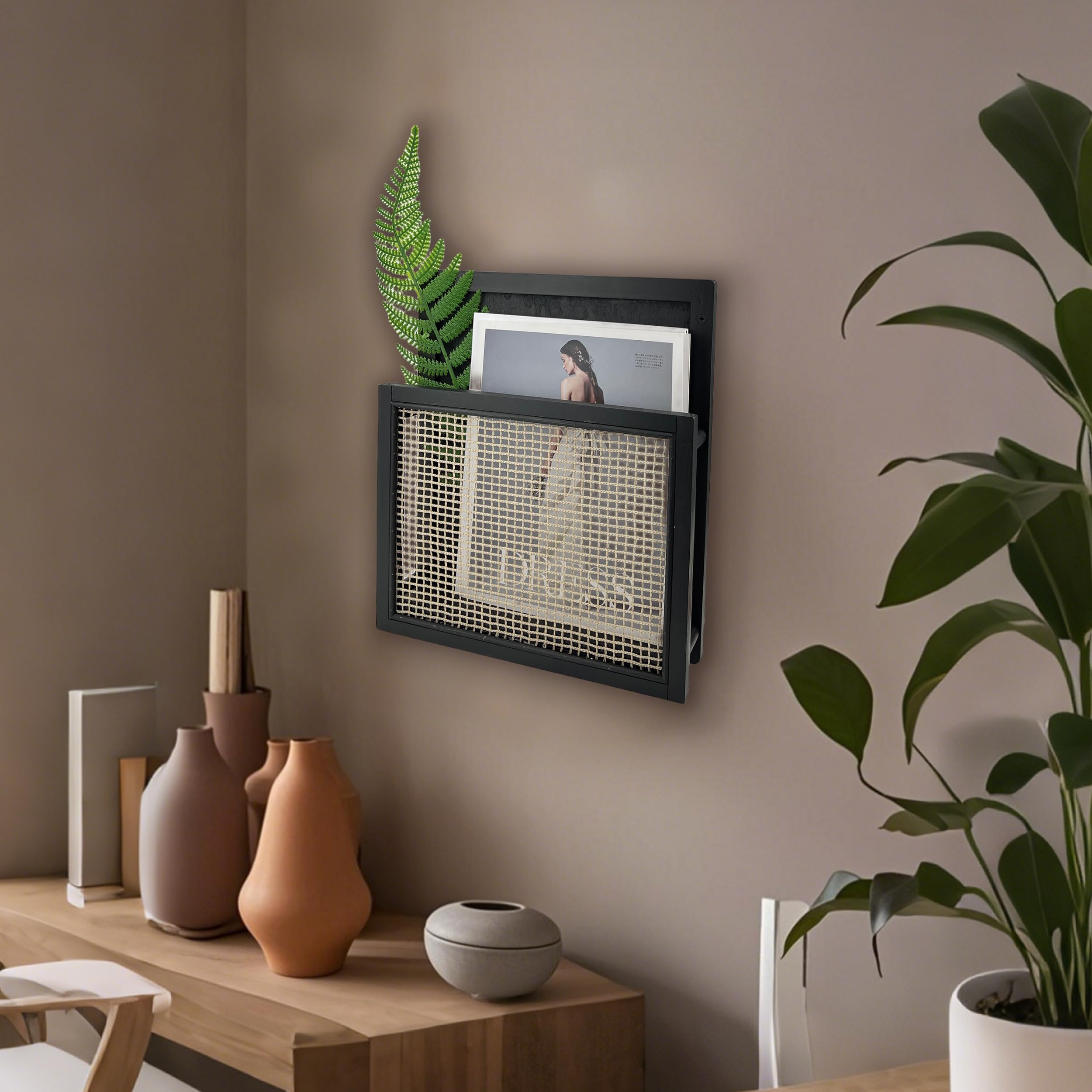Zeitschriftenhalter aus Holz, Boho-Stil, Wandmontage, Zeitschriftenständer, Aktenhalter für Eingangsbereich, Wohnzimmer, Kinderzimmer und Büro, hängender Post-Organizer (schwarz)