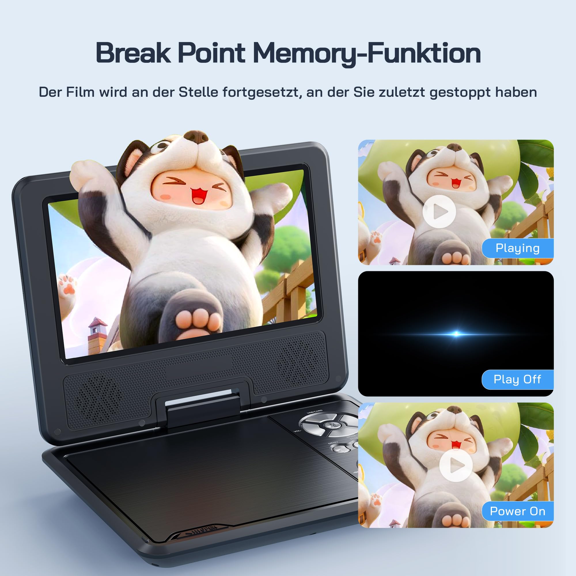 WOLFANG 9,5 Zoll Aufladbarer Tragbarer DVD-Player für Kinder im Auto, 7,5 Zoll HD Drehbildschirm, 6 Stunden Spielzeit, Sync TV/USB/SD, Keine Blu-ray-Unterstützung (Schwarz)