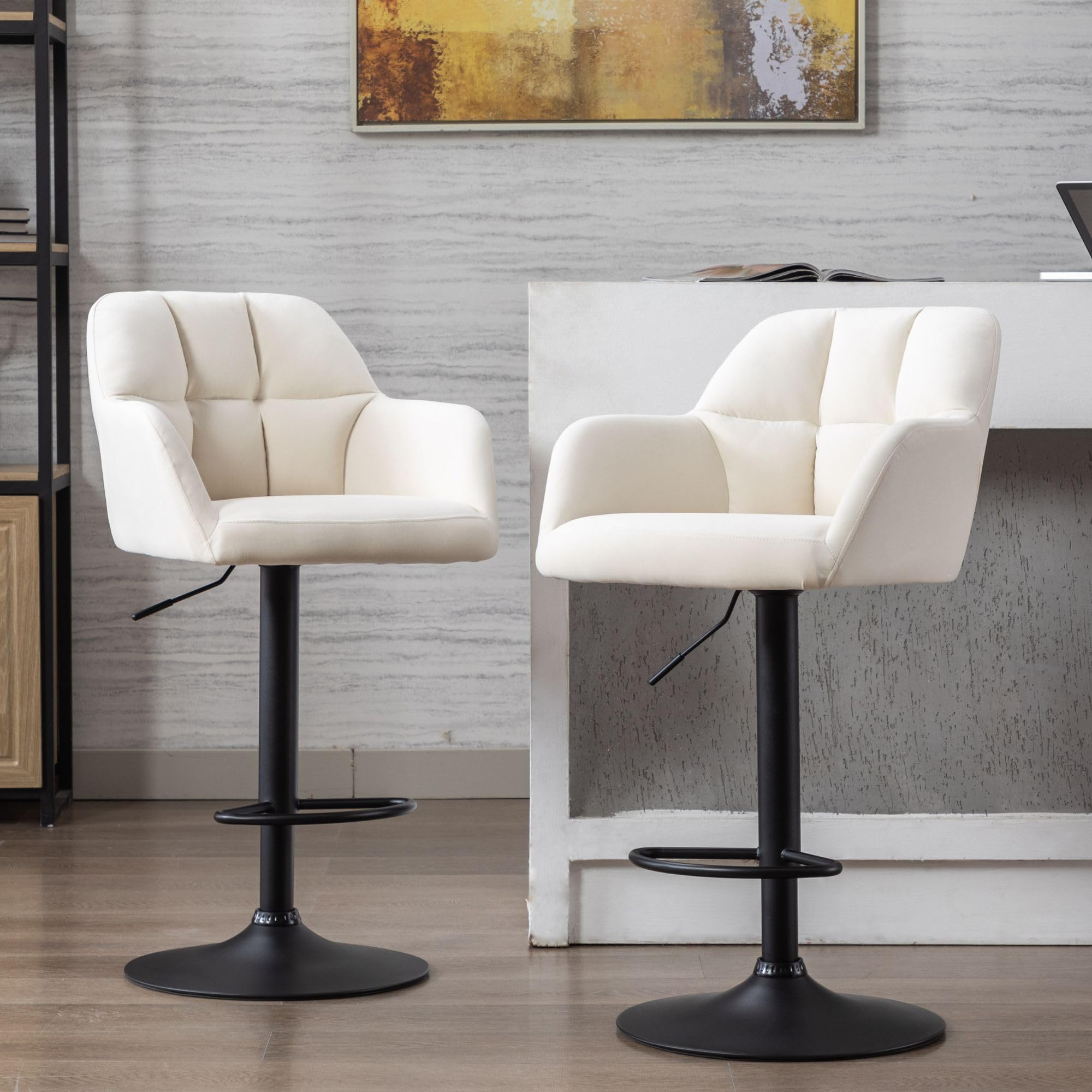 Wahson Counter Height Stools Set of 2, Modern Swivel Bar Chairs with Back, Adjustable White Velvet Upholstered Barstools for Kitchen/Island/Pub