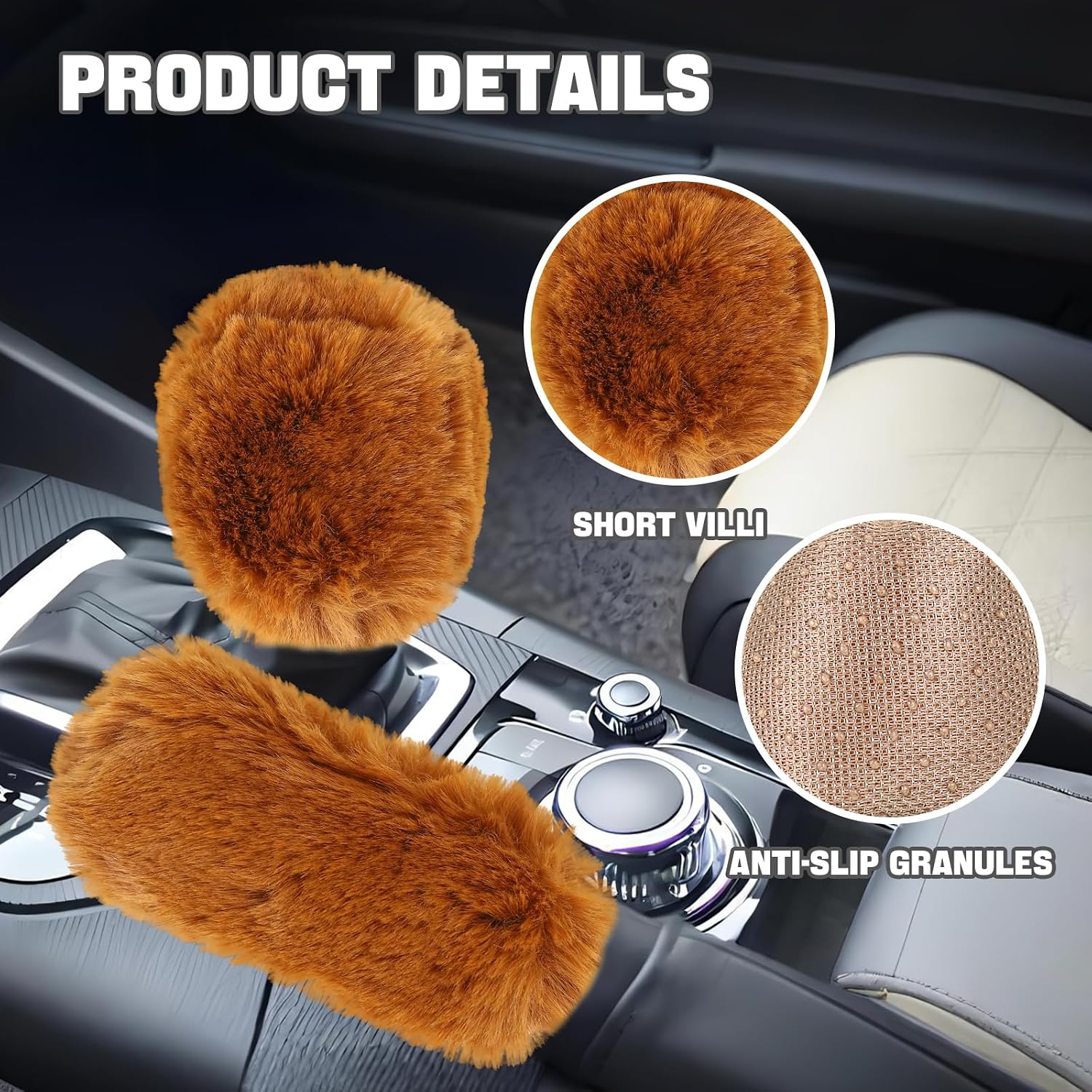 Hovom 2PCS Fluffy Car Gear Shift Knob Cover & Handbrake Cover, Camel image 3