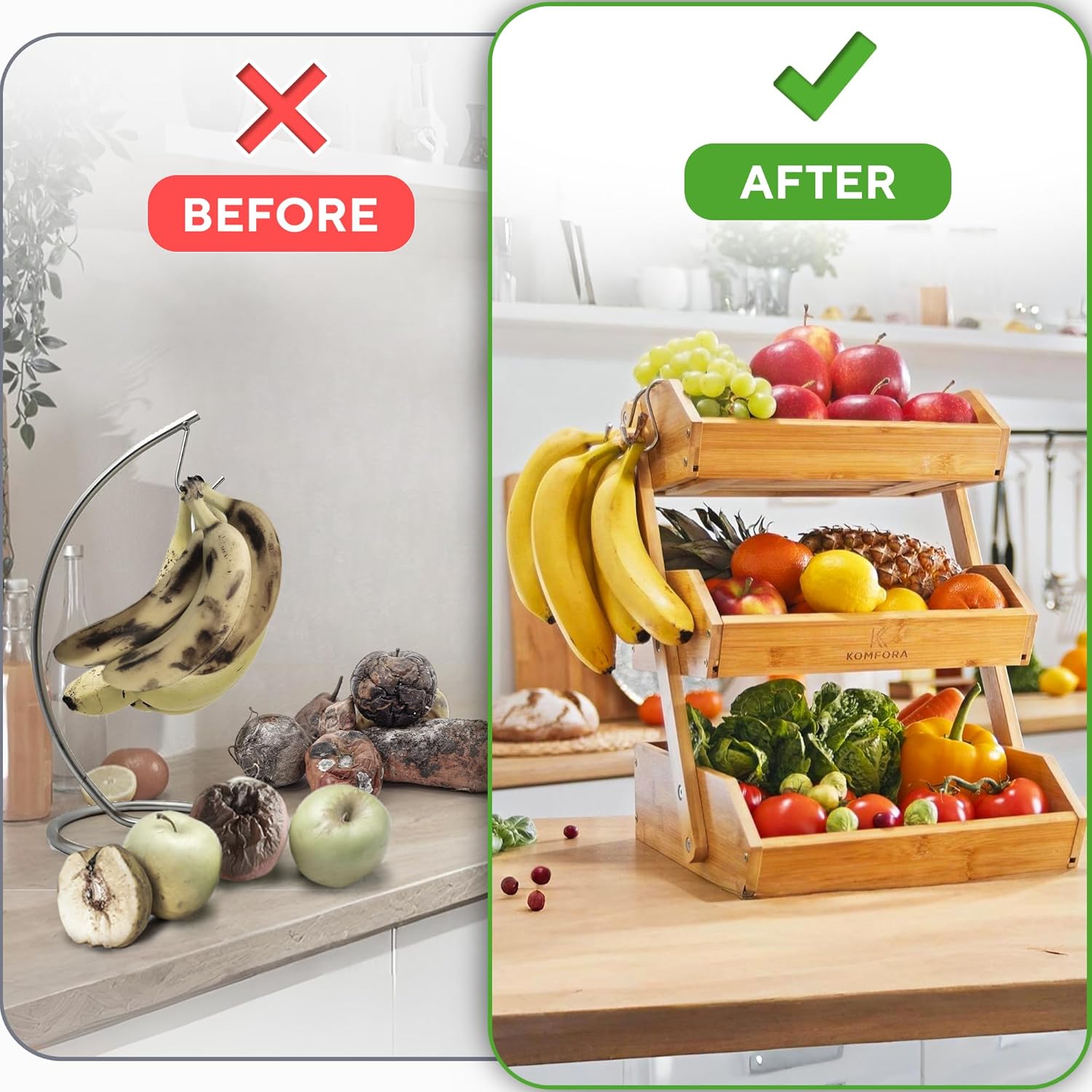 Bamboo Fruit Basket 3-Tier - Premium Produce Basket for Kitchen w/ 2 Hangers - Durable & Easy to Assemble Stand for Countertop - Perfect Holder for Vegetables, Bread, Snacks & More