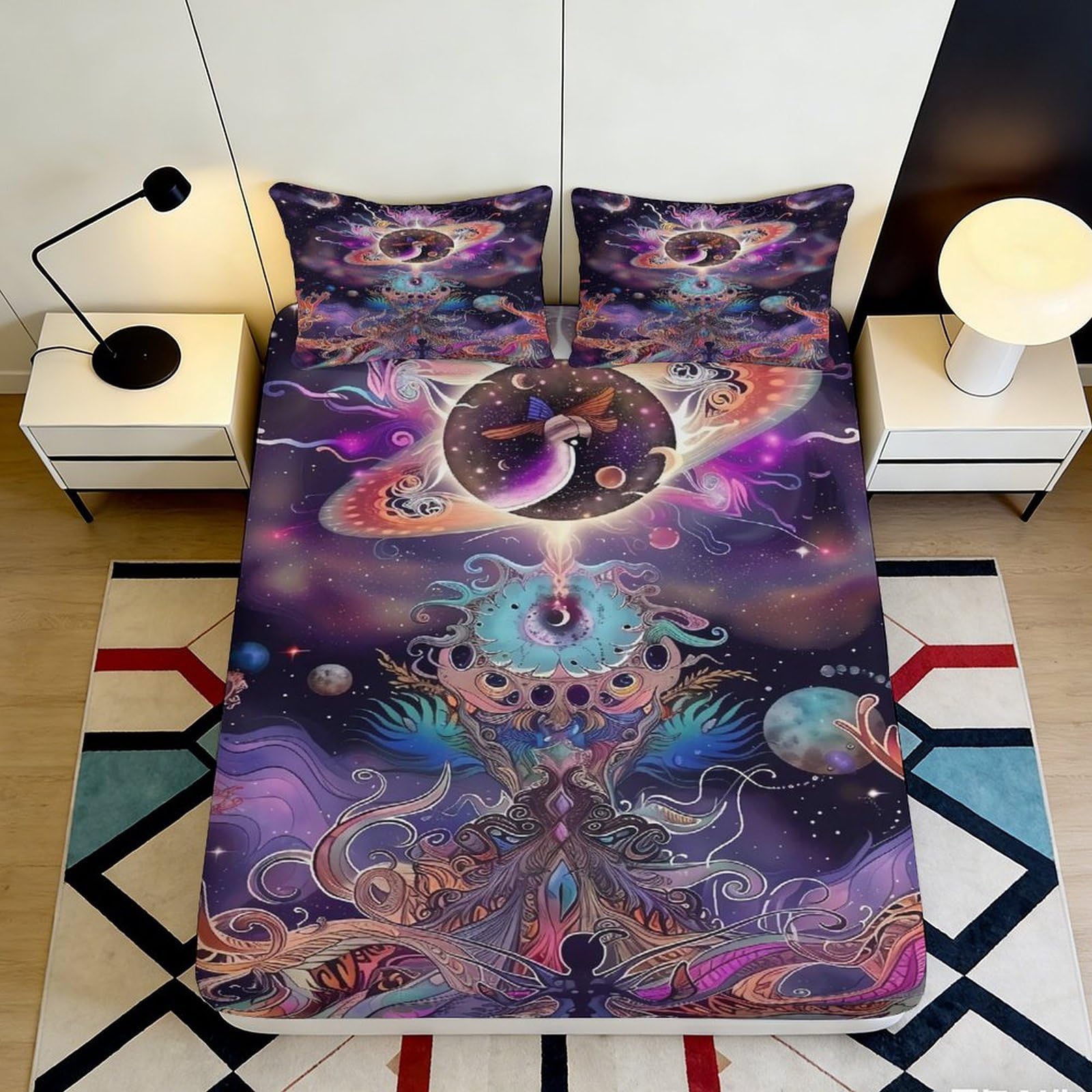 3D Printed Psychedelic Galaxy Fitted Sheet Microfiber Soft Mattress Cover Cosmic Mandala Bed Decor for Home Bedroom 90x200x25cm