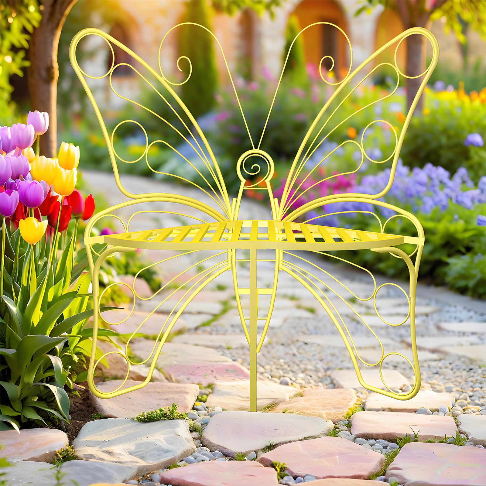Butterfly Shaped Outdoor Bench, Golden Yellow Garden Bench with Sturdy Stable Metal Frame