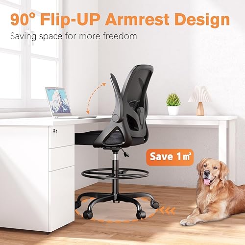 Miniatura 5 de Silla de dibujo alta con soporte lumbar y anillo para reposapiés, silla de escritorio ergonómica de altura extendida para trabajo en casa, silla de