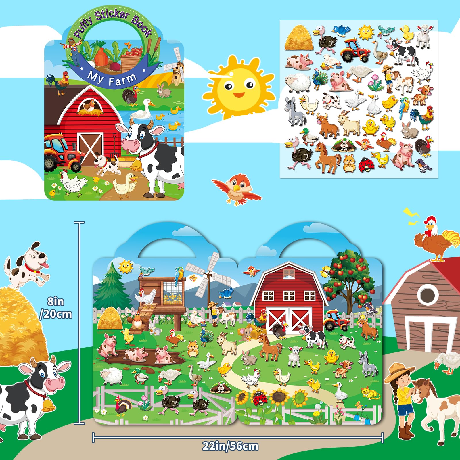 Elfew 6 Pezzi 3D Riutilizzabile Stickers, Libro Adesivi Attacca e Stacca Bambini 2 3 4 5 6 Anni,Libri Stickers Adesivi Bambin, Giochi da Viaggio Bambini 2 Anni