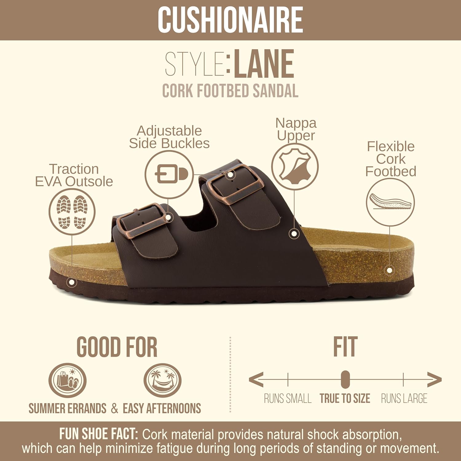CUSHIONAIRE Lane Cork Footbed Womens Sandals Comfortable Double Buckle Slip On Sandals for Women with Arch Support and Classic Two Strap Design