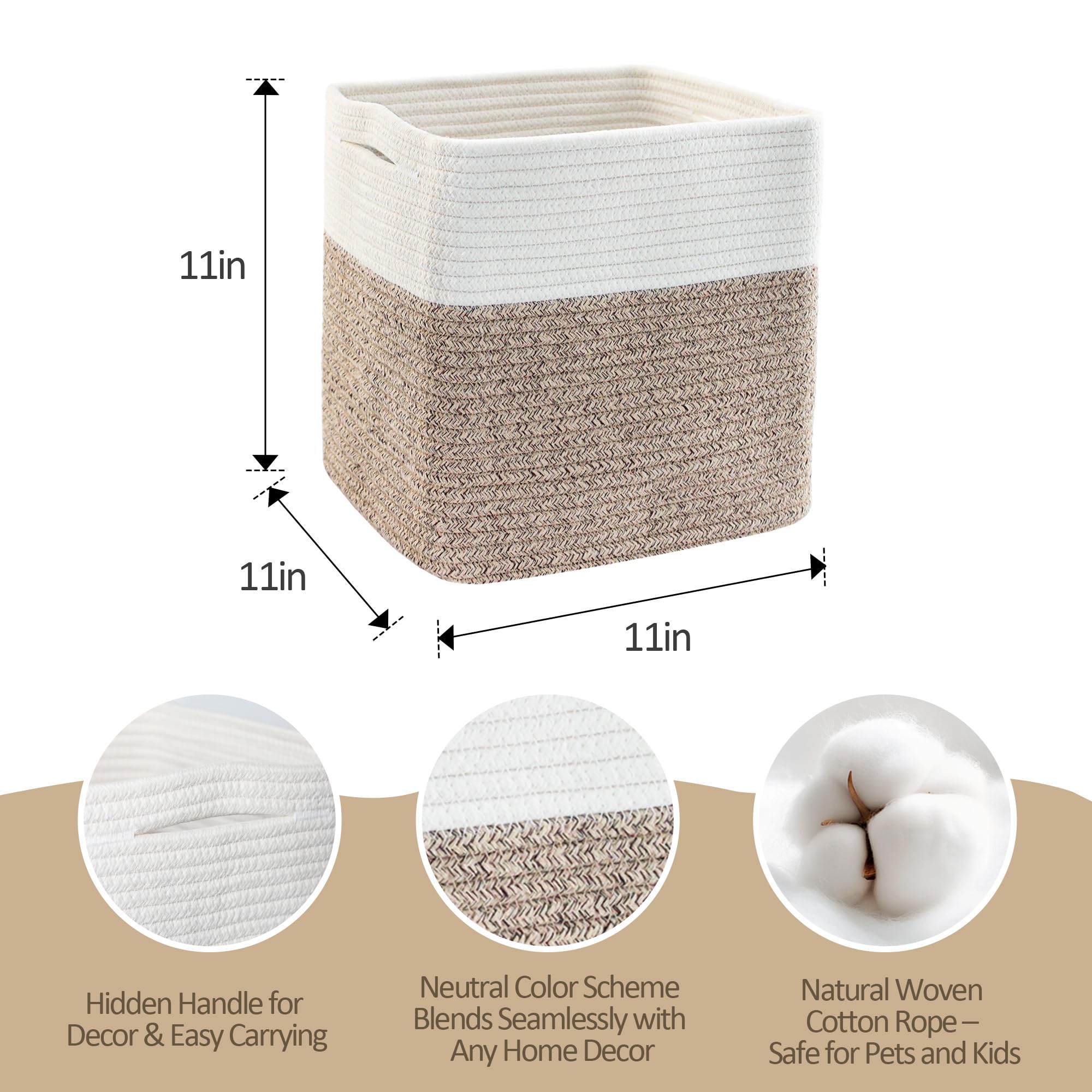 MEGASKET 3 Pack Cube Storage Bin, 11 Inch Cotton Rope Baskets for Organizing, Woven Fabric Kids Toy Bin Box, Baby Nursery Cube Storage Organizer, Decorative Cute Wicker Square Basket for Shelves