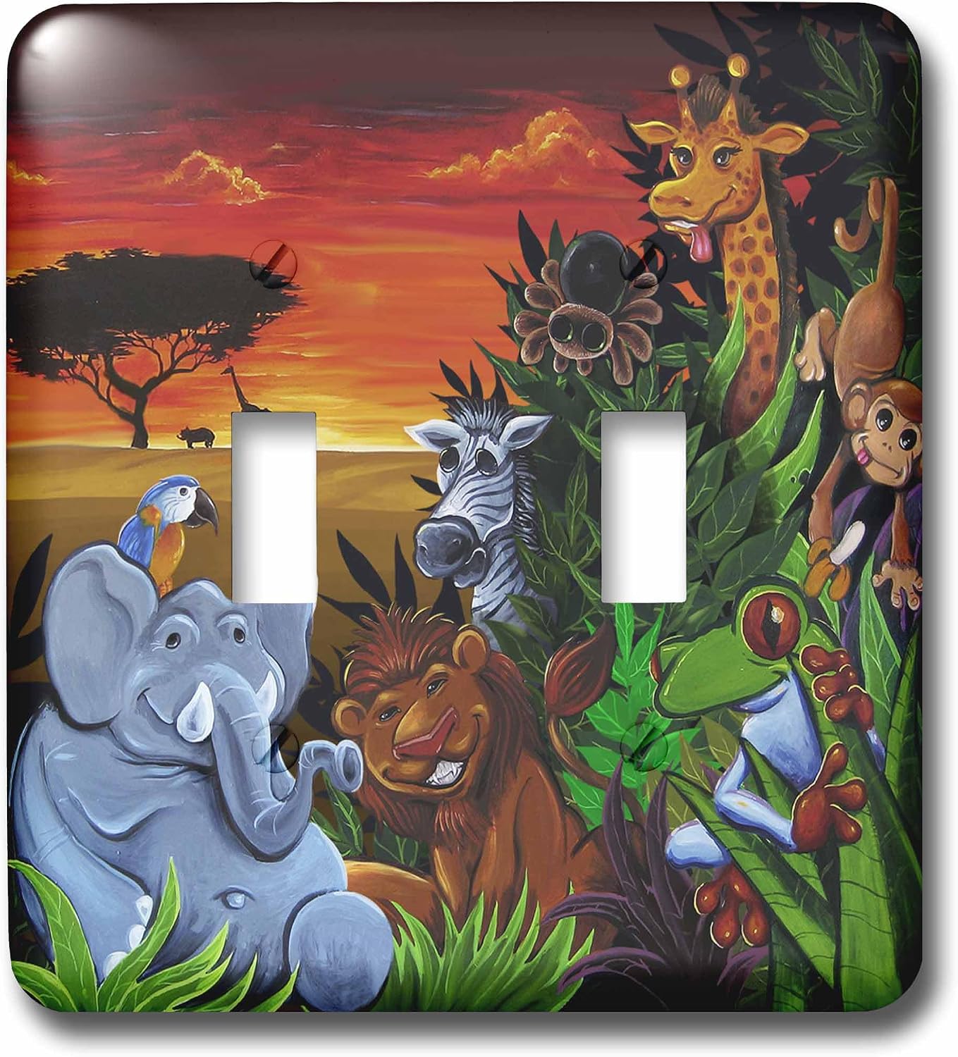 3dRose lsp_53076_2 Jungle Scene with An Elephant Parot Tree Frog Zebra and Giraffe Double Toggle Switch