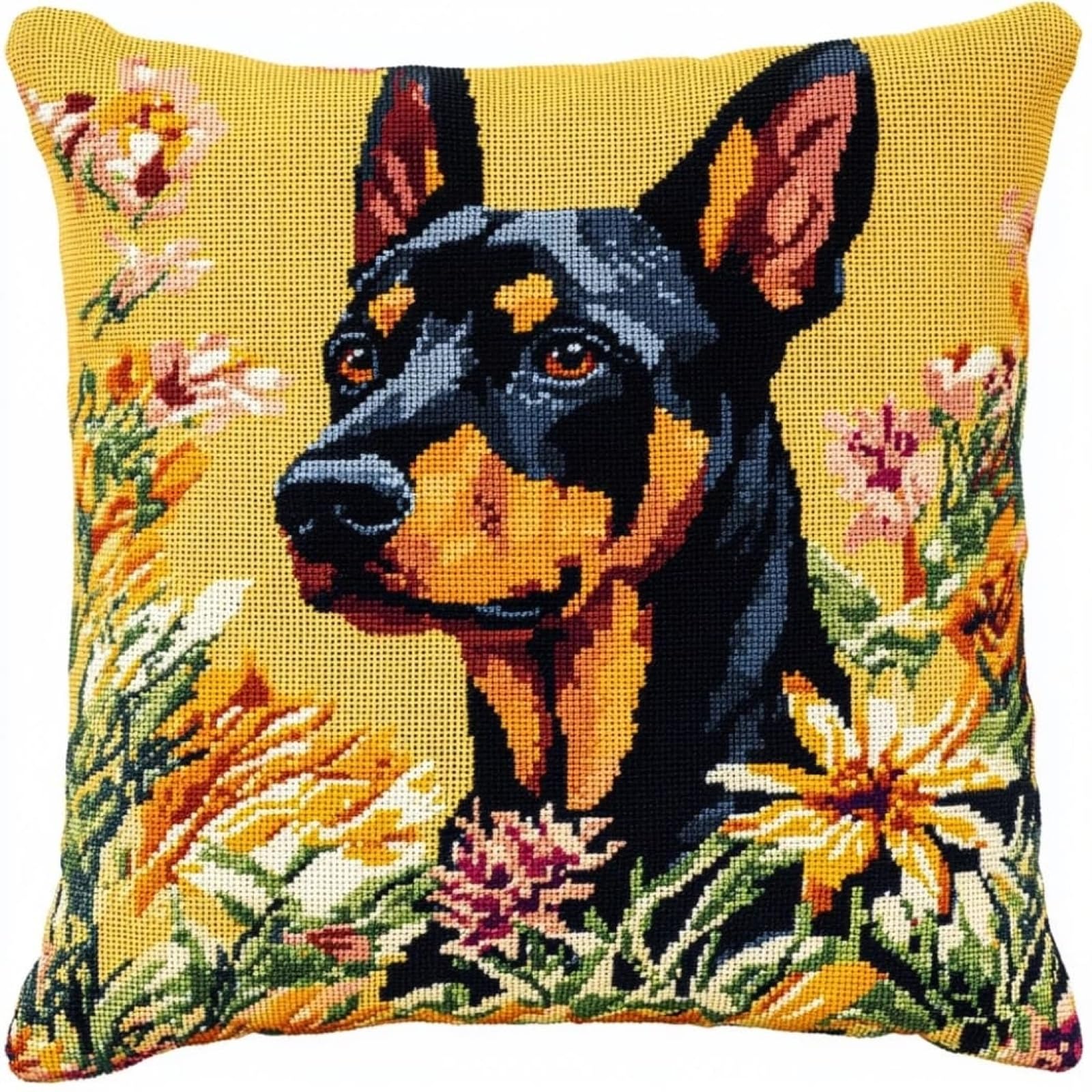 WallustrioaW Stamped Cross Stitch Pillow Kits,Doberman Pinscher in the Flowerbed 11CT Cross Stitch Cushion Cover Embroidery Kit Needlepoint Handmade Cushion for Home Decor 18x18inch
