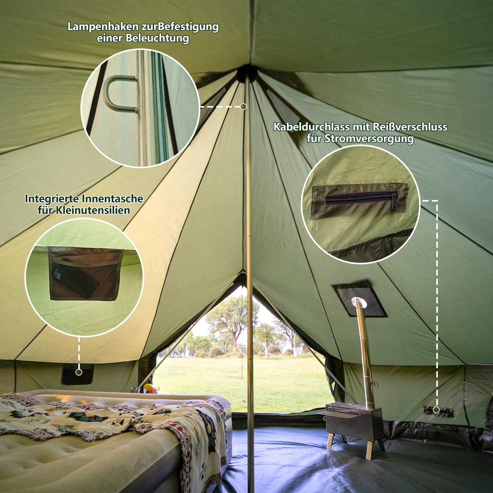 Oxford Bellzelt für Familien-Camping – Geräumige 4m Jurte mit Ofenanschluss, 4-Jahreszeiten Outdoor Glockenzelt Glamping-Zelt für 4-6 Personen