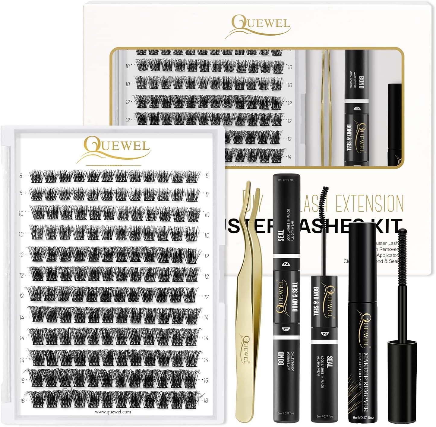 QUEWEL DIY Eyelash Extensions Kit, Lash Clusters 144 Pcs, Clusters Eyelash Applicator Tool, Super Hold Cluster Lashes Bond and Seal, Glue Remover Easy to Apply at Home(S012-Kit)