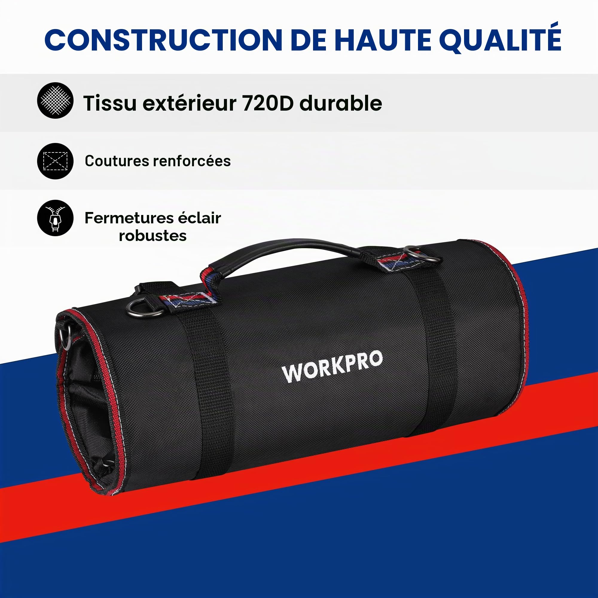 WORKPRO Sac à Outils Enroulable en Toile, Rouleau à Outils 57 * 36CM avec 2 Poches Détachables & 4 Poches Zippées, Pour Siège Arrière et Porte-outils à Suspendre, Electricien/Menuisier