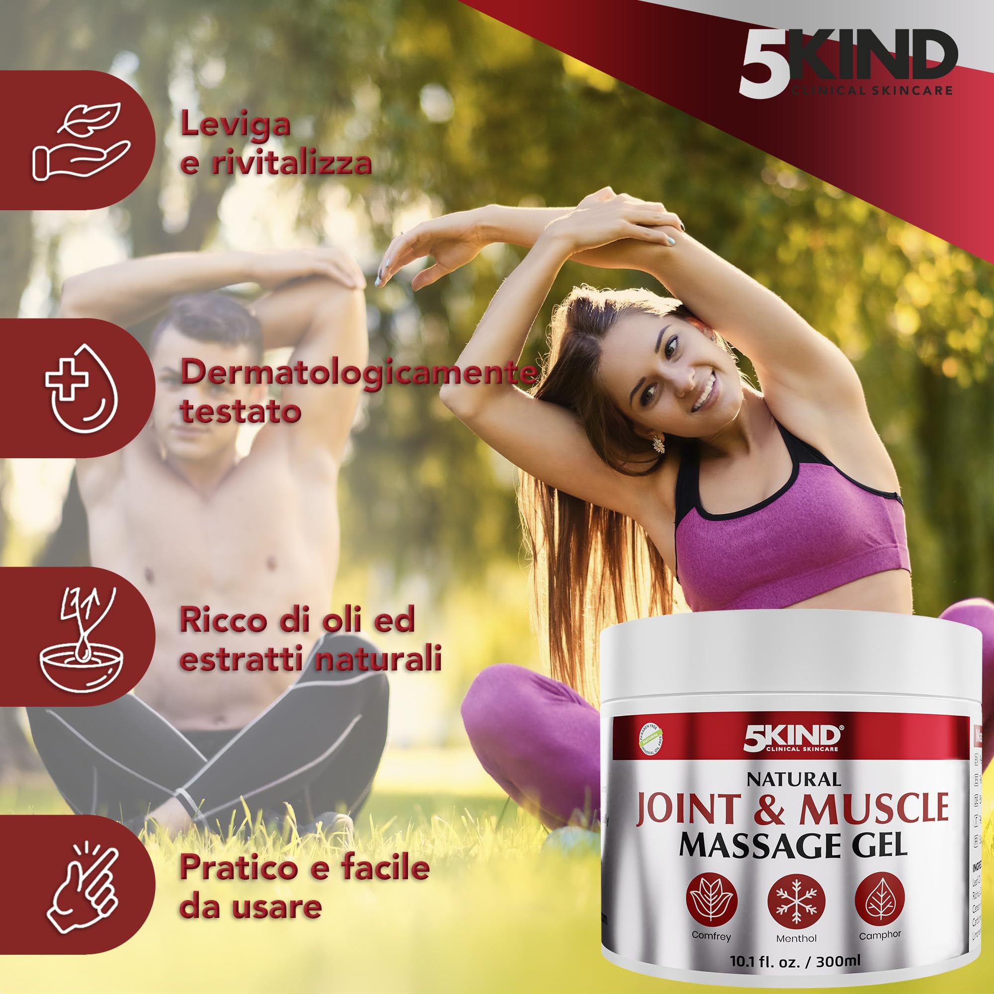 5kind Gel Rinfrescante Naturale Articolazioni e Muscoli 300ml - Gel Massaggio Rivitalizzante Schiena e Muscoli - Crema Gambe Effetto Freddo - Freddo Gambe