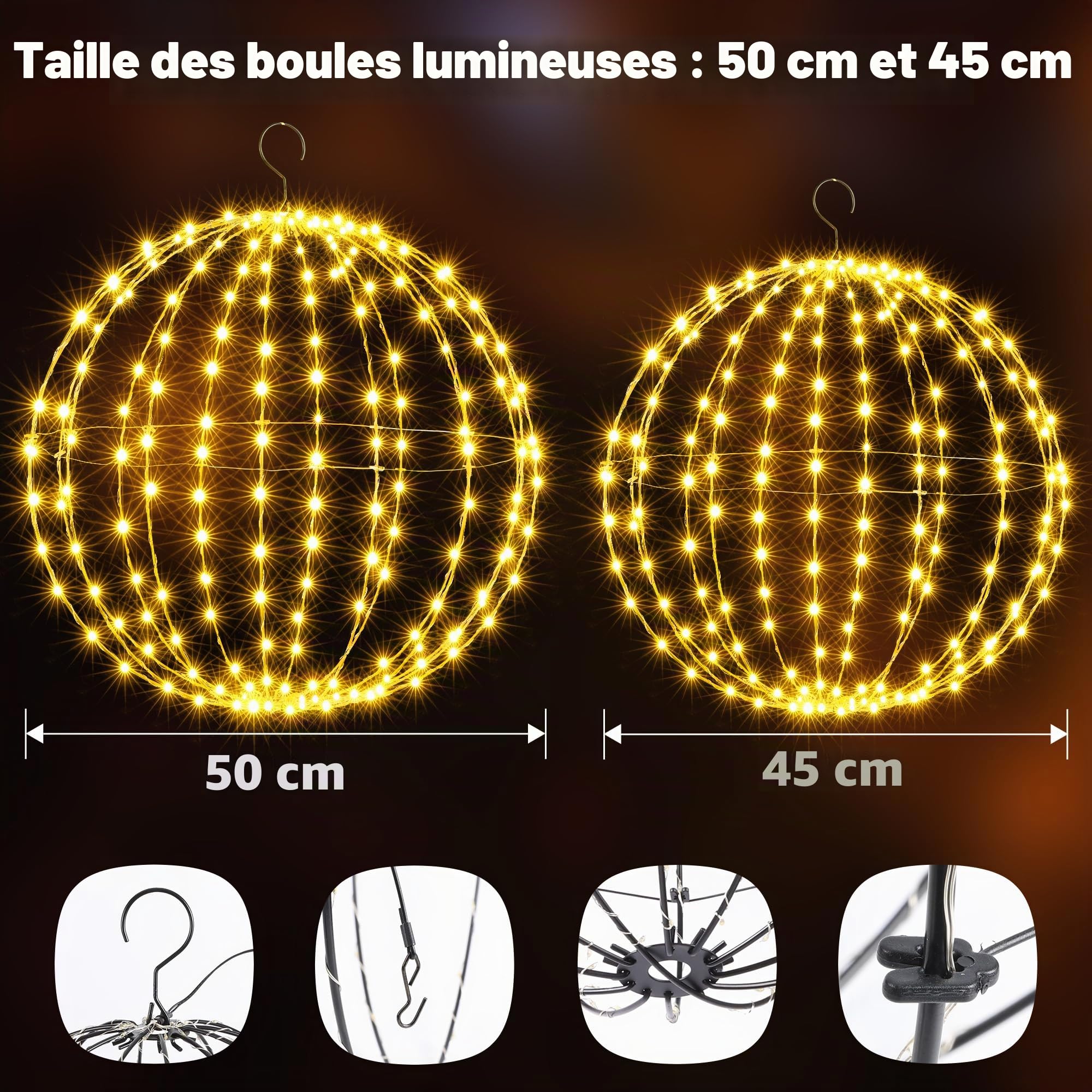 Joomer Grand Boules de Noël Lumineuses Adaptateur Blanc Chaud Lot de 2 | 50CM 288LED + 45CM 256LED Guirlande Boules Extérieur Pliable en Métal, 8 Modes Décoration de Noël Minuterie pour Fête Jardin