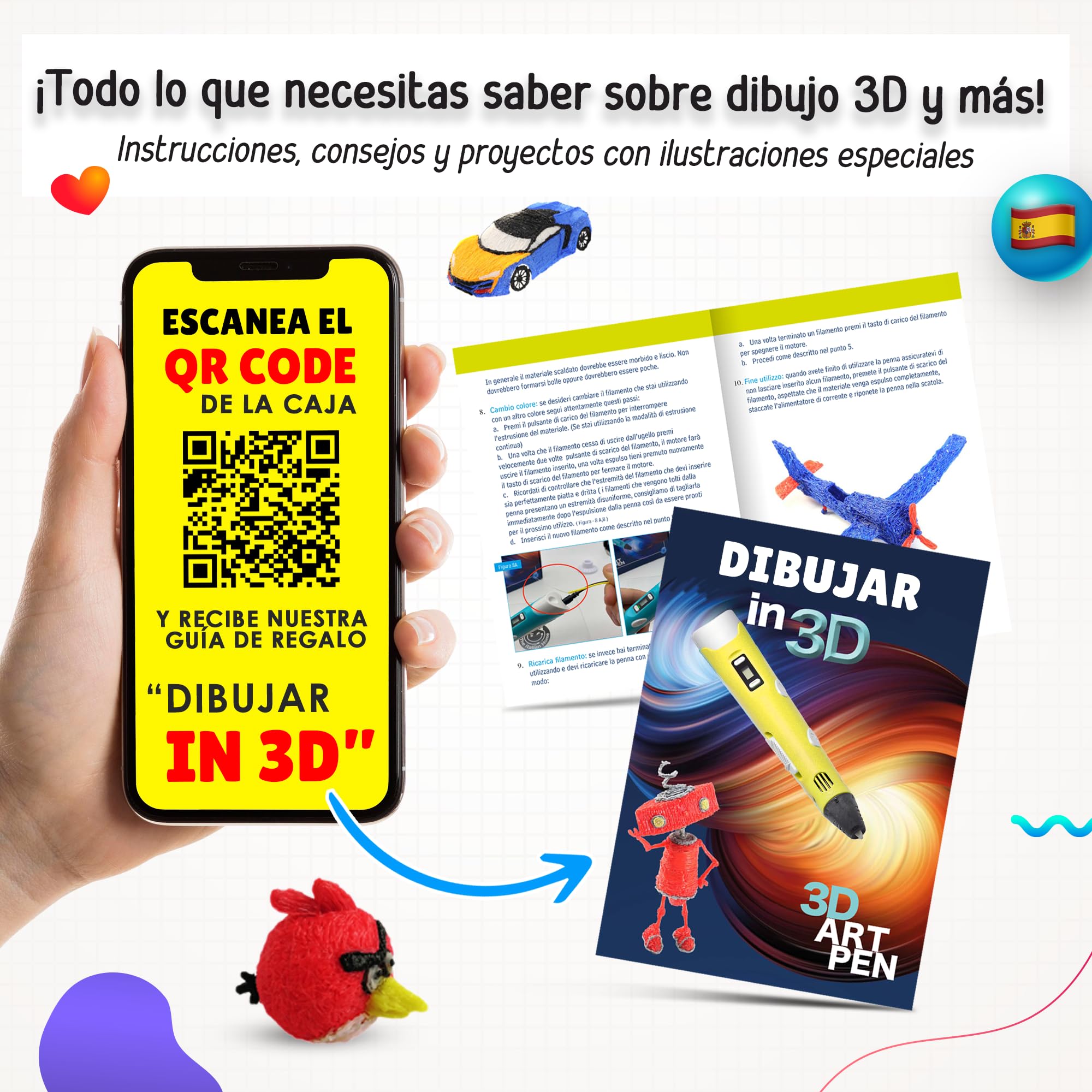 The Italian Home® Boligrafo 3D niños + Instrucciones en español y guía ilustrada de Regalo + 60m 20 Colores Filamentos PLA (4 Fluorescentes) - boli 3D, Lapiz 3D, boligrafo 3D para niños