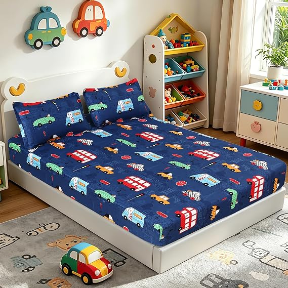 MAG 3Pcs Cars Twin Sheets Transportation Vehicle,Blue Microbieber Fitted Sheets for Boys Girls Kids Teens, with 1 Fitted Sheet 14'' Deep Pocket and 2 Pillowcase.
