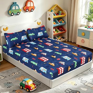 MAG 3Pcs Cars Twin Sheets Transportation Vehicle,Blue Microbieber Fitted Sheets for Boys Girls Kids Teens, with 1 Fitted Sheet 14'' Deep Pocket and 2 Pillowcase.