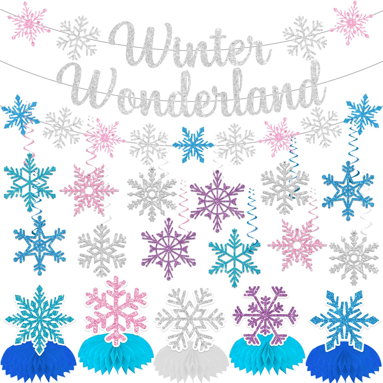 Winter Wonderland Decorations, Need DIY Glittery Christmas Party Decorations Include Winter Wonderland Banner Snowflake Hanging Swirls and Honeycomb Centerpieces for Xmas Holiday Party Supplies