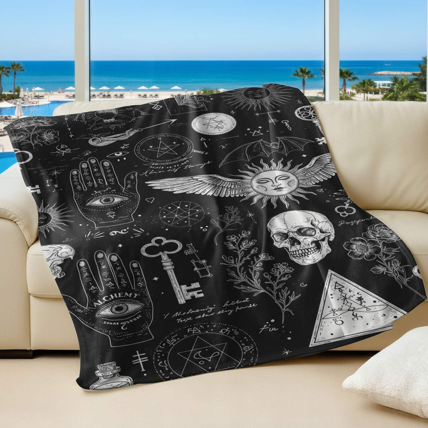 Couverture gothique en flanelle 150x200 cm avec motifs crâne et chauve-souris