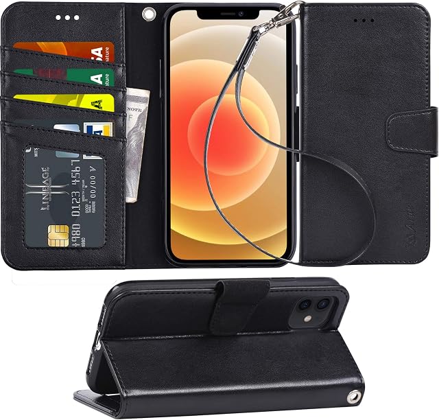 Arae Compatible with iPhone 12 Case and iPhone 12 Pro Case Wallet Flip Cover with Card Holder and Wrist Strap - Black