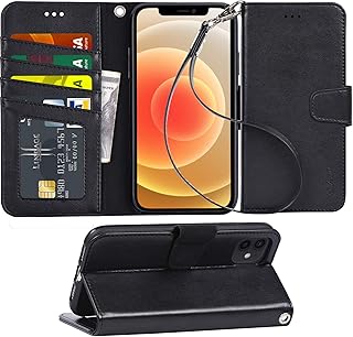 Arae Compatible with iPhone 12 Case and iPhone 12 Pro Case Wallet Flip Cover with Card Holder and Wrist Strap - Black