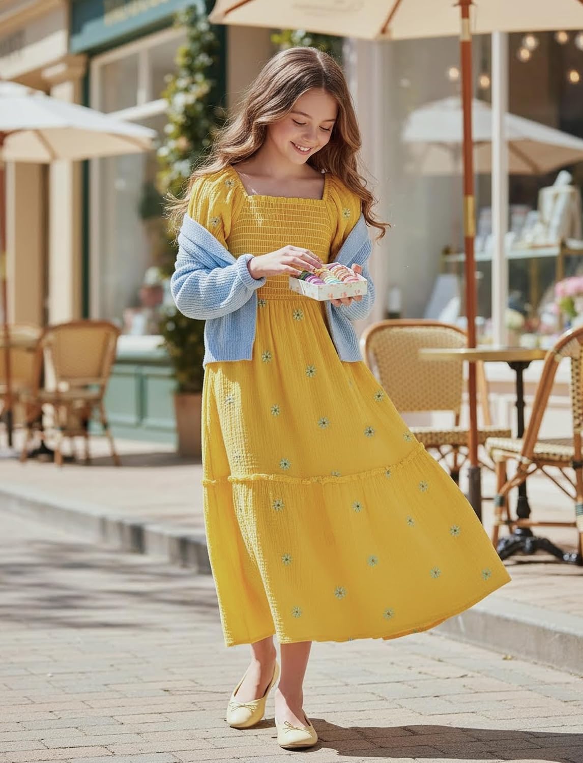 Sunny Spirit Girls Maxi Dress Tween Dresses for Girl Spring Summer Boho Floral Short Puff Sleeve Smocked Cotton 5-14 Years - Image 5