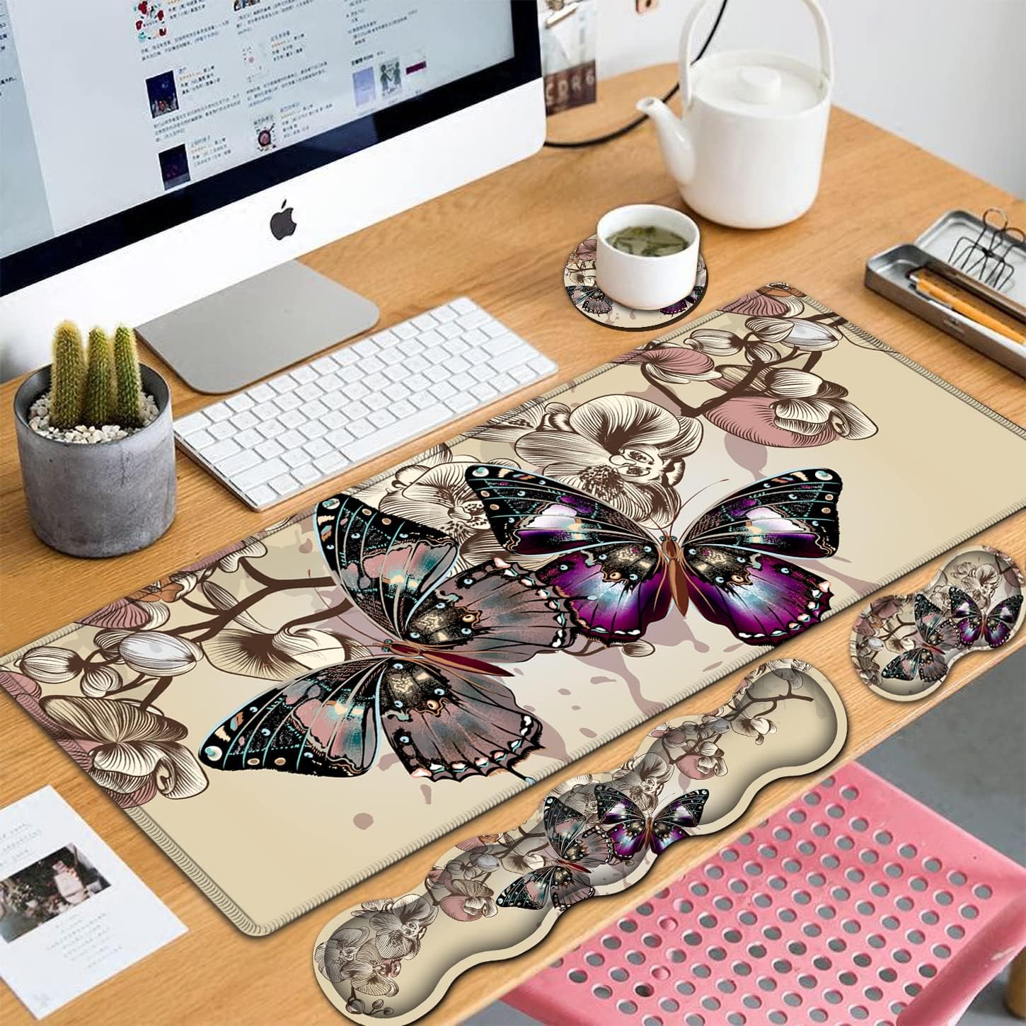 Ergonomic Memory Foam Keyboard Wrist Rest and Large Gaming Mouse Pad with Non-Slip Base, for Home Laptop Office Desk Pad,31.5x11.8 Big Desk Mat Beautiful Butterfly Pattern Mouse Pad Wrist Supprot