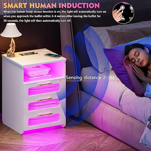 Miniatura 6 de Gurexl Mesita de noche RGB con estación de carga inalámbrica, 7 dinámicas y 7 estáticas regulables, moderna mesita de noche lateral con inducción