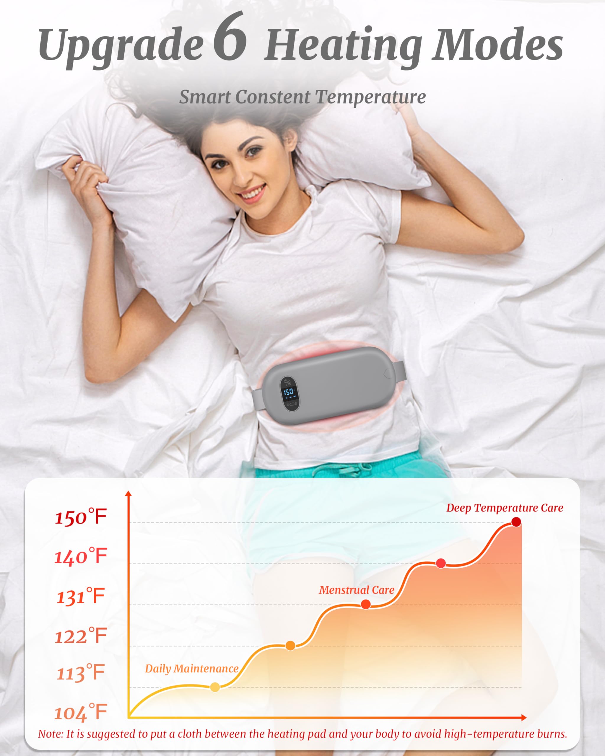 Heat Pad for Period Pain Relief Upgraded 6 Heat Massage Modes Electric Fast Heating Pad for Lower Back Pain Cramp Menstrual Rechargeable USB Heated Belt Gifts for Women Girls Her Grey - Image 4