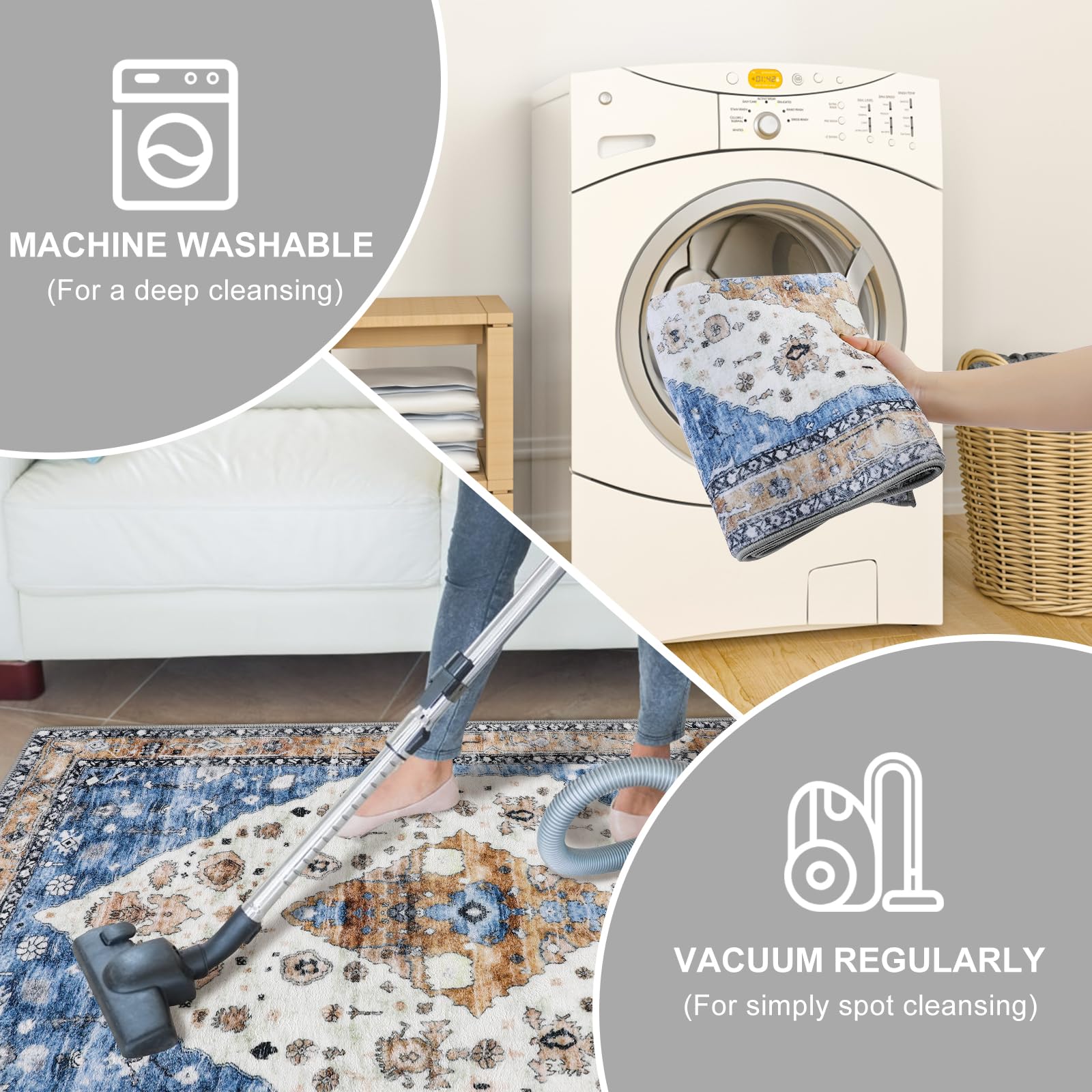 COMSLE Boho Area Rug, 4' x 6' Machine Washable Rugs for Entryway Faux Wool Large Rugs Distressed Throw Rug Non-Slip Floor Carpet for Indoor Bedroom Kitchen Living Room